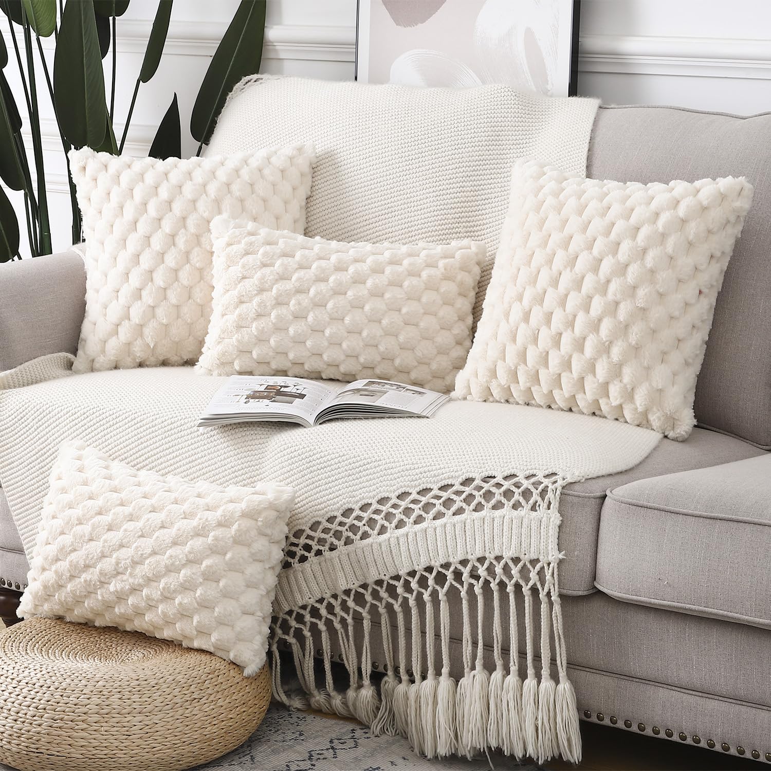 2 Housses De Coussin Fausse Fourrure Madizz - Super Douces 40x40cm Pour Canapé/Lit (Beige)