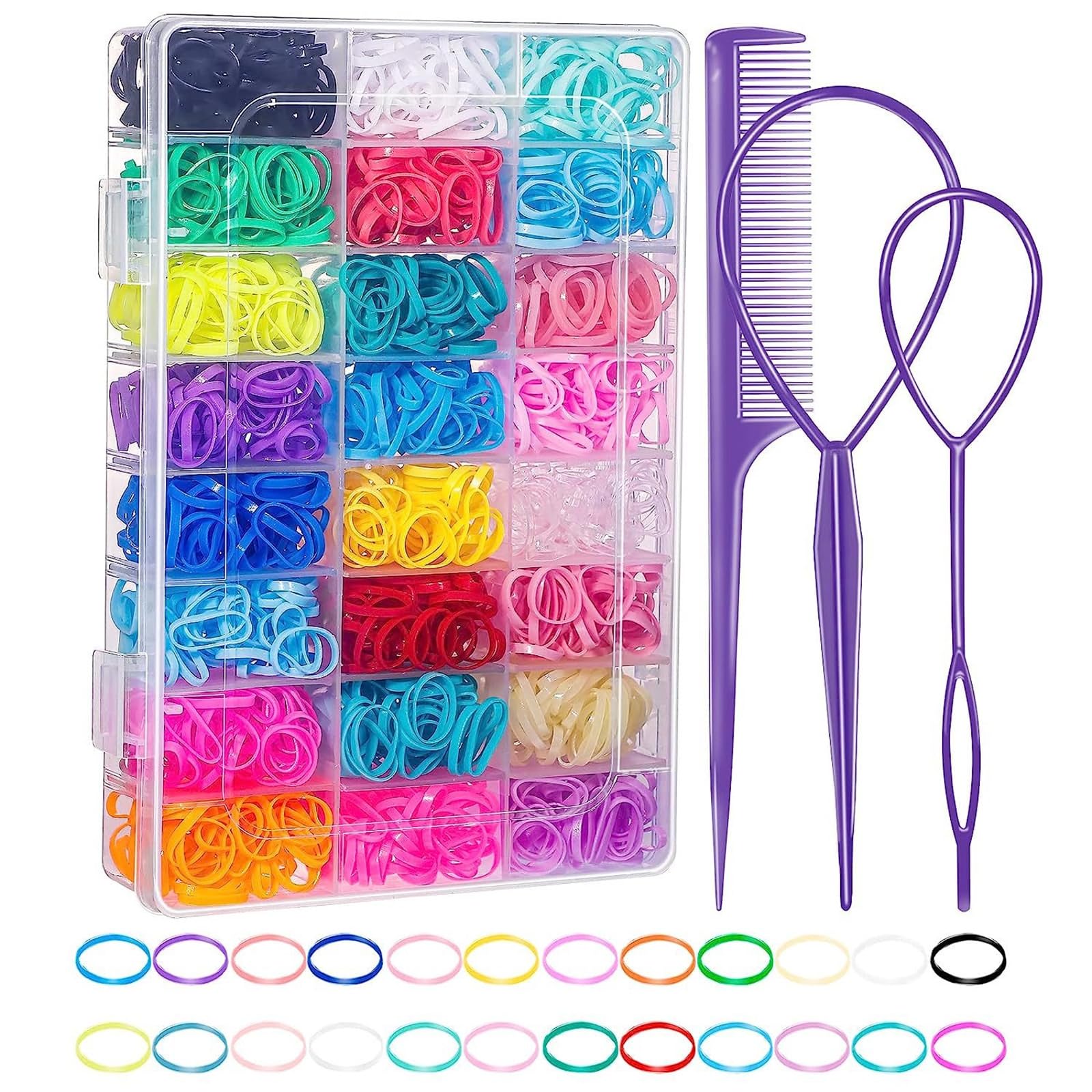 GERRIT Baby Hair Ties with Hair Loop Styling Tools, 2000pcs Elastic Hair Ties with Organizer Box, Hair Rubber Bands with Hair Tail Tools and Comb, Hair Accessories for Girls Baby Toddlers Kid