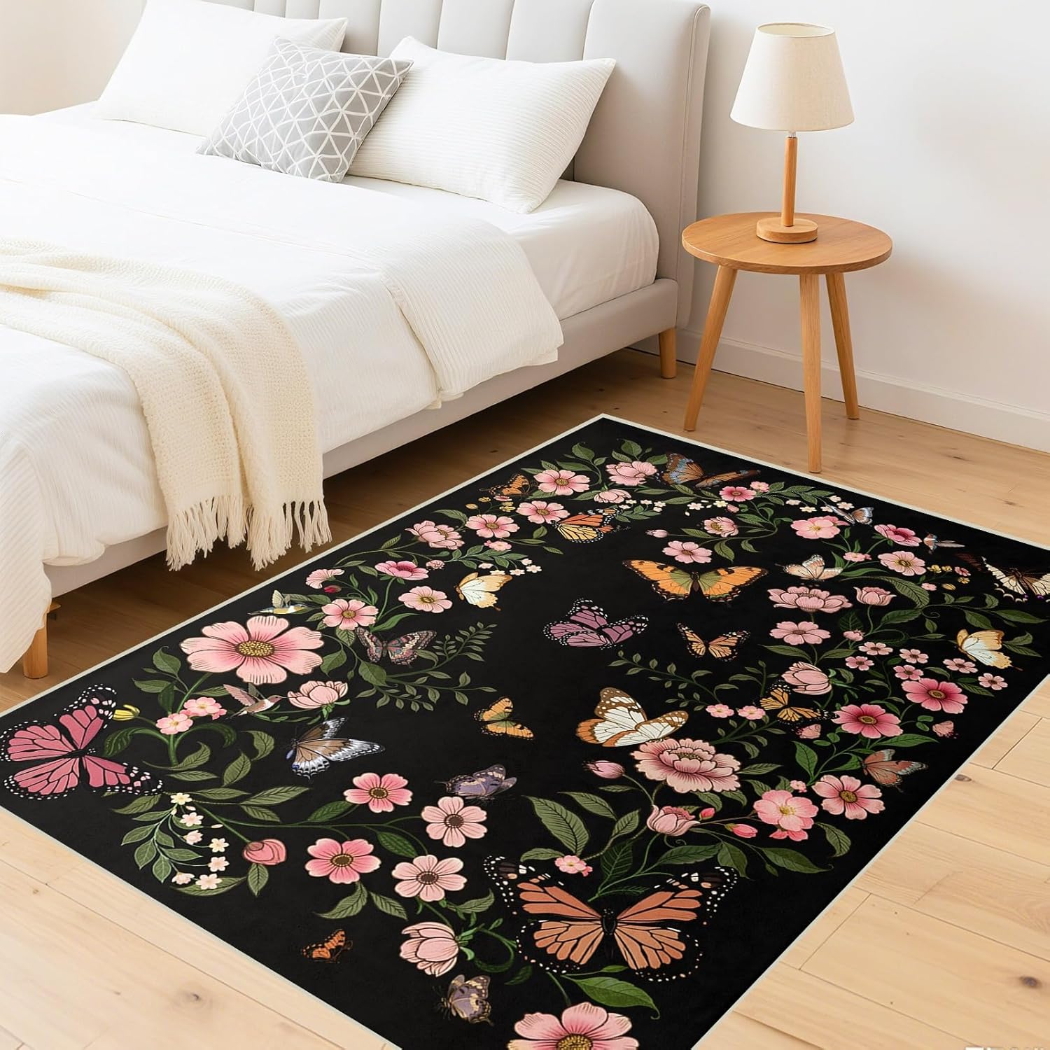 Floral Butterfly Rug 3'×5' - Washable Rug for Living Room Boho Black Floral Carpet for Dining Room Door Mat Indoor Entrance 3'×5' Rugs Butterfly Mats Multi 1003 3' x 5' (Rectangular)