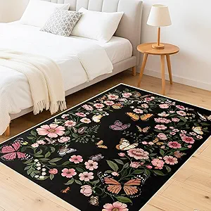 Area Rug for Living Room 5'x7' - Floral Butterfly Print 5x7 Area Rugs for Living Room Soft Black Washable Rugs Ultra-Thin Indoor Door Mat (5'x7',Black)
