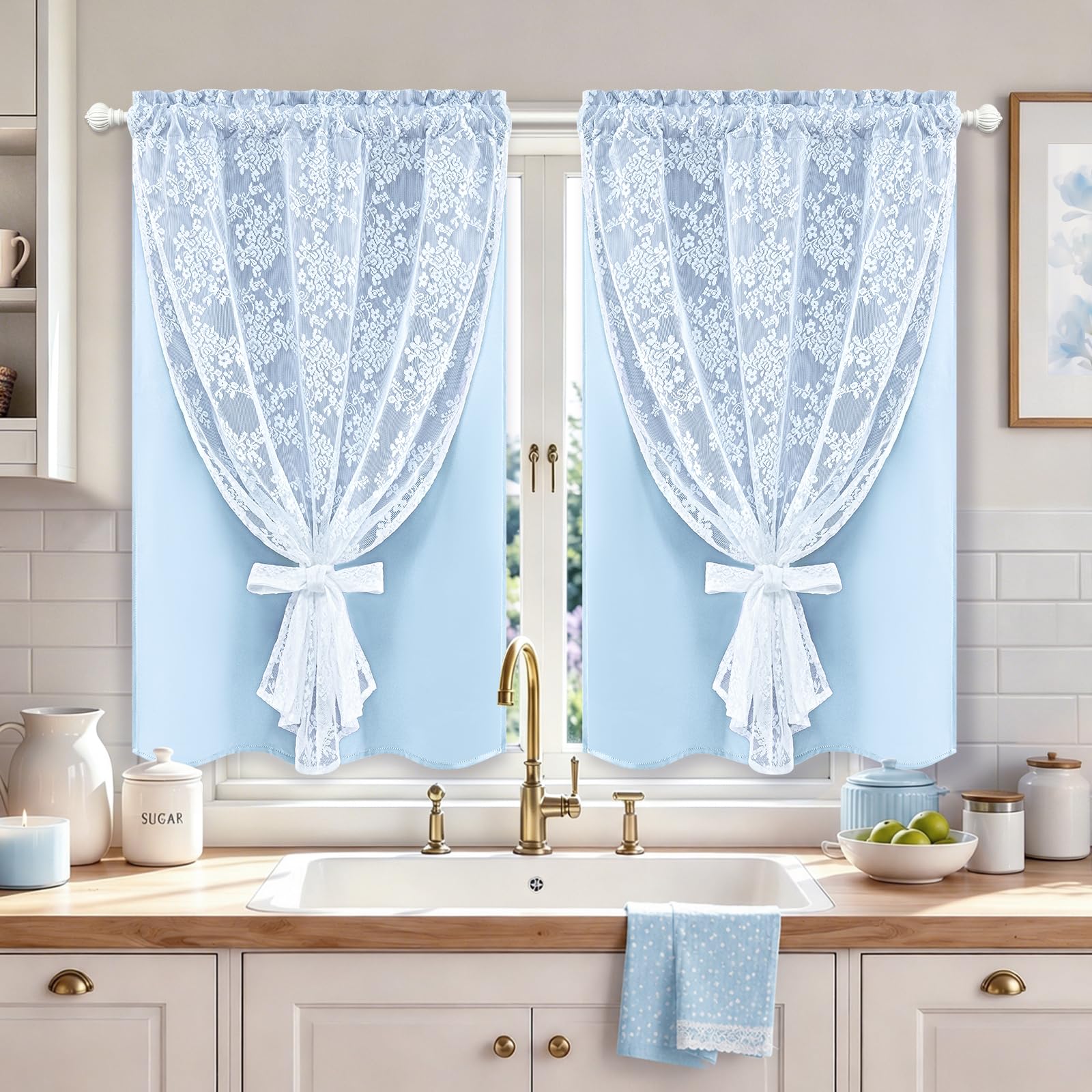 Yinhua blue double layer blackout kitchen curtains