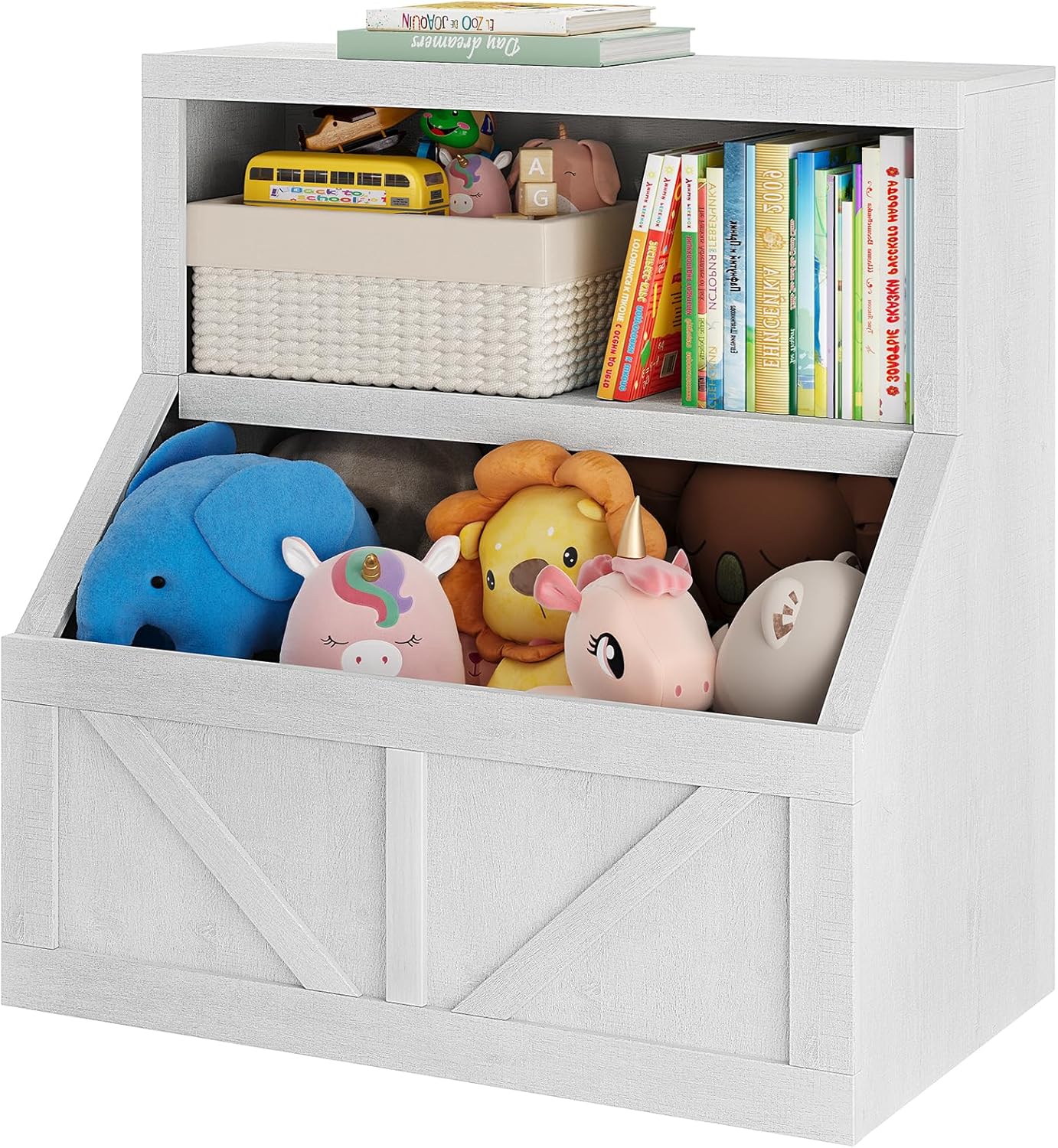 Kids Bookshelf and Toy Storage Cabinet, 2-Tier Toddler Toy Organizer with 2 Shelves, Vintage White Finish, Ideal for Playroom, Bedroom, Living Room, and Classroom, Durable and Space-Saving Design