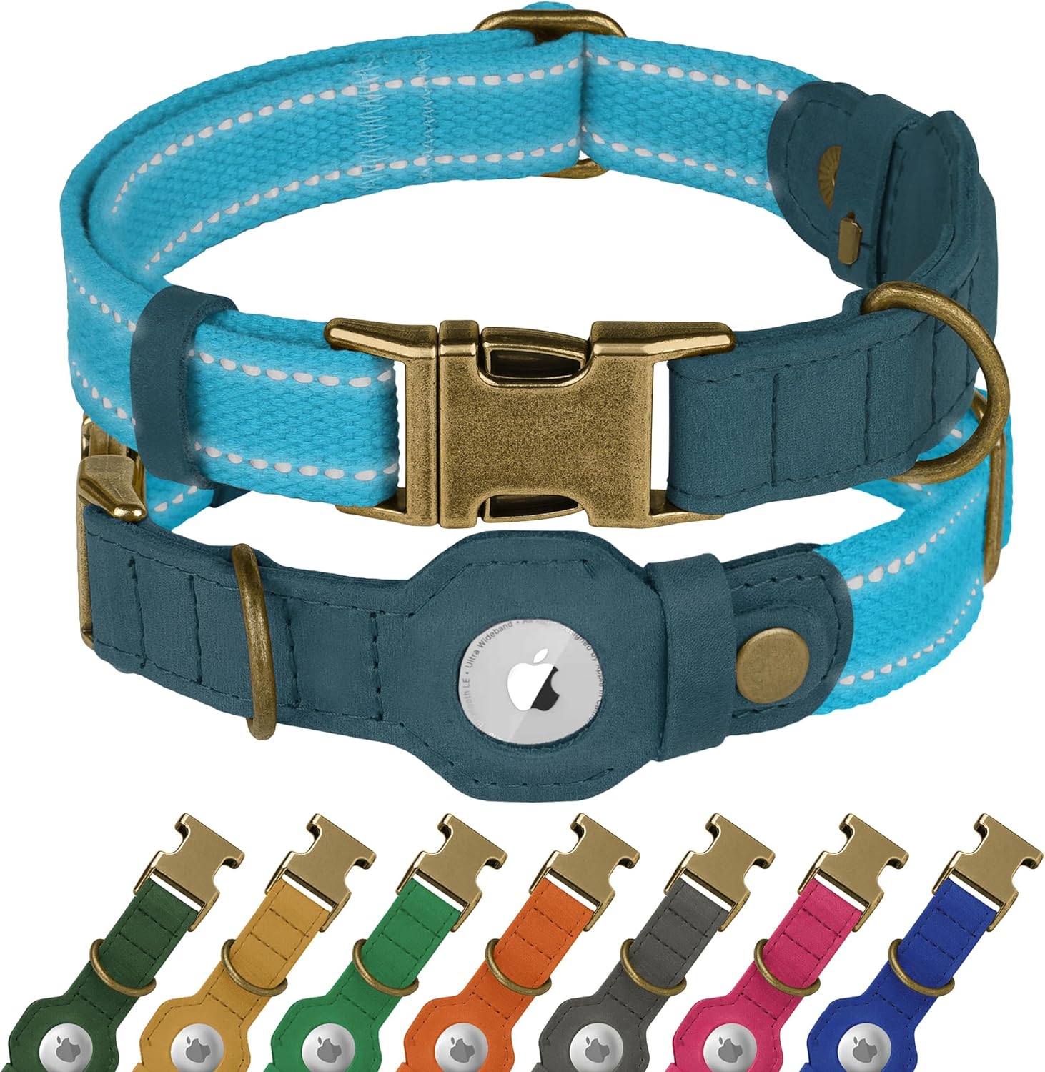 Reflective Leather Dog Collar with AirTag Holder - Soft Apple Airtag Dog Collar with Metal Buckle - Safety Cotton Pet Collars for Dogs Small Large Dogs Puppy (Sky Blue, XL, 20"-25")