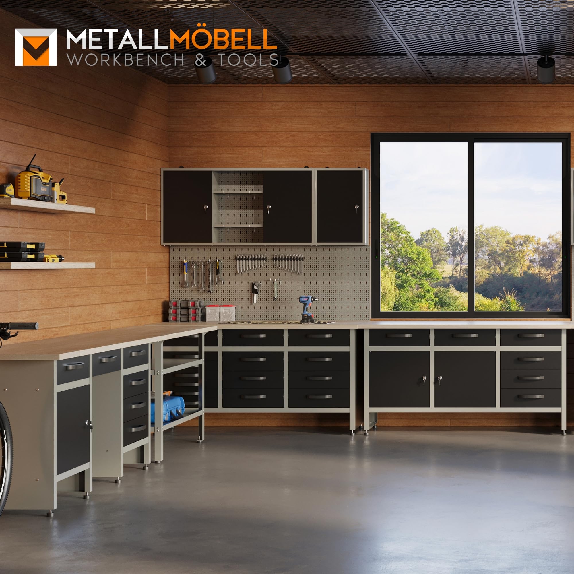 METALL MÖBELL WORKBENCH & TOOLS METALLMOBELL - Armario Metalico de Pared | 120x60x20cm, con Estanterías, Panel Herramientas y Cerradura | Armario Almacenaje, Mueble Almacenaje MB03G