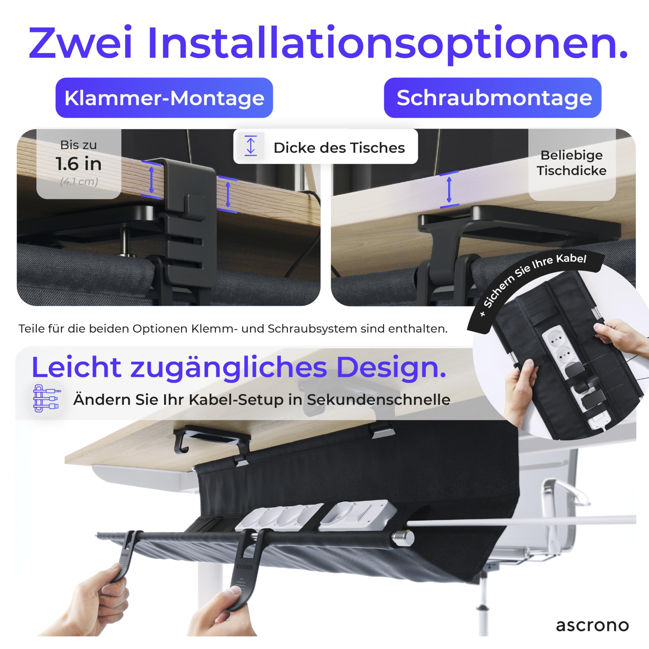 CableCare Kabel-Management-Tablett ohne Bohren unter dem Schreibtisch, 103,1 cm, Schreibtischkabel-Organizer für Schreibtisch-Kabelmanagement, Klemm-/Schraubmontage, Kabelablage bis zu 30 kg