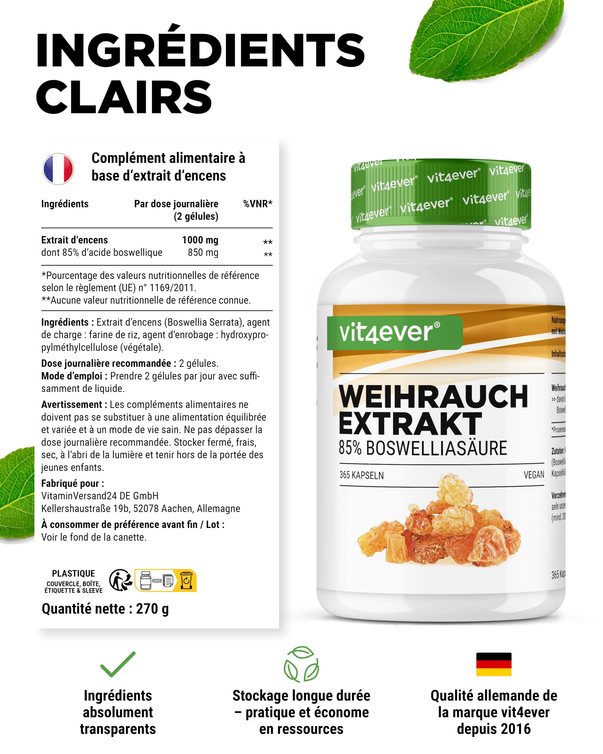 Extrait d'encens - 365 gélules - Premium : 85% d'acide boswellique - Hautement dosé à 1000 mg par dose journalière - Véritable Boswellia Serrata indien - Vegan