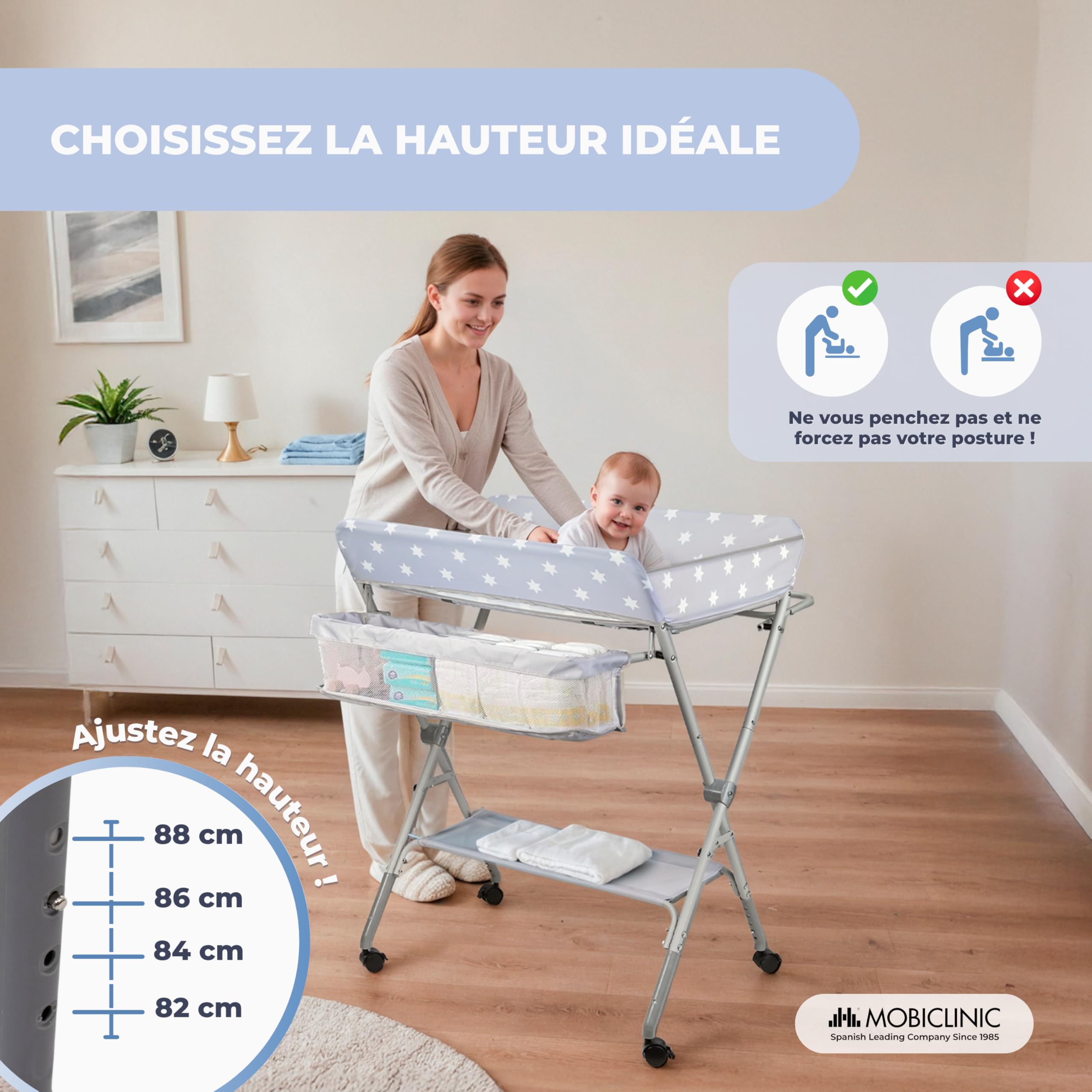 Mobiclinic Table à Langer Pliable Réglable en Hauteur Jusqu'à 15 kg 0-36 Mois Roulettes 360° avec Frein Harnais Barrière de Sécurité Housse Lavable Zoey