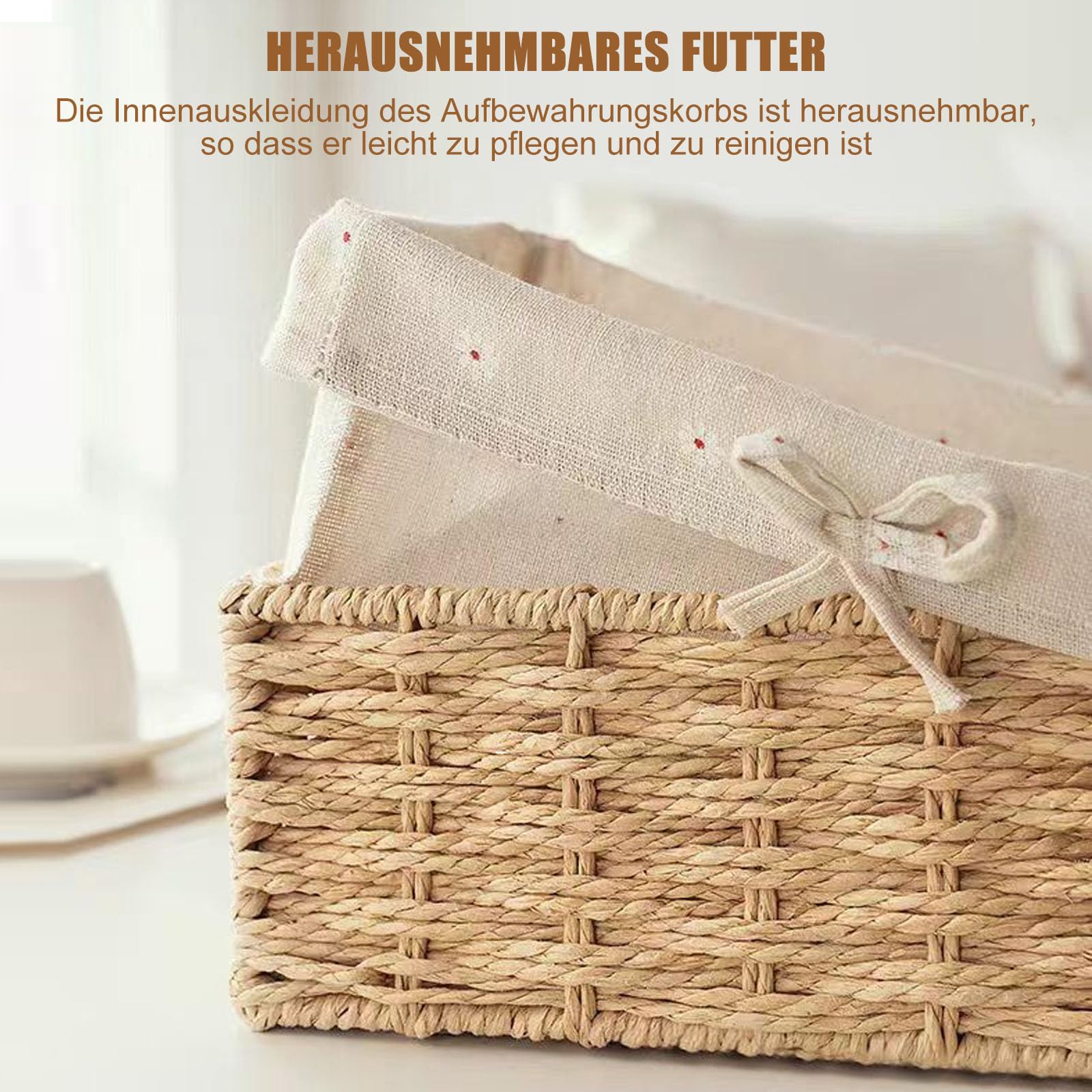 Brotkorb 3er Set, Brotkorb Geflochten mit Baumwolleinsatz, Aufbewahrungskorb Geflochten, Brötchenkorb Scandi Style, Brotkörbchen zum Brot, Backwaren und Haushaltswaren(Beige)