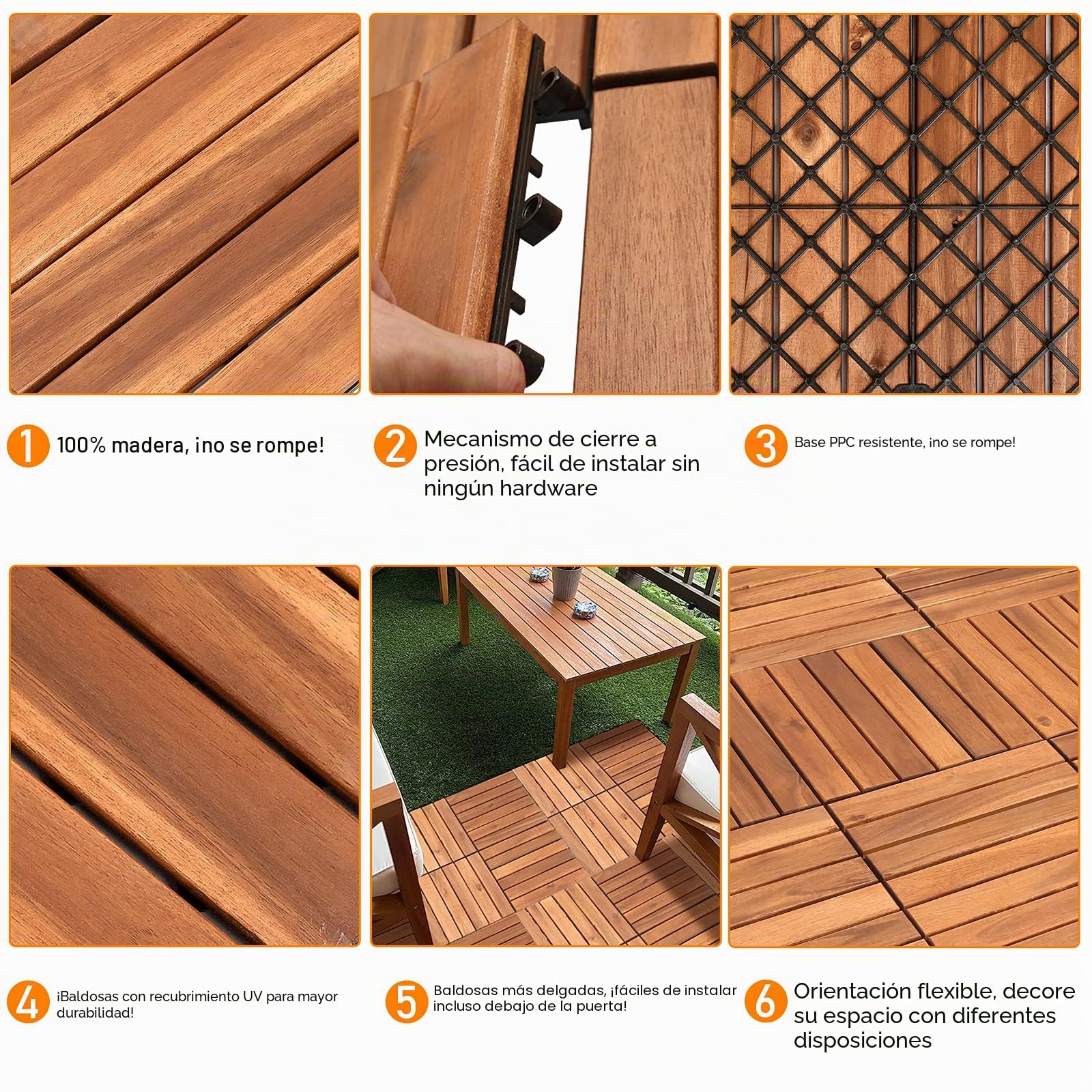 Randaco Baldosas de madera de acacia, 30 x 30 cm, juego de 11 baldosas, 1 m², baldosa de balcón con drenaje para exteriores, jardín, terraza, azulejos de jardín
