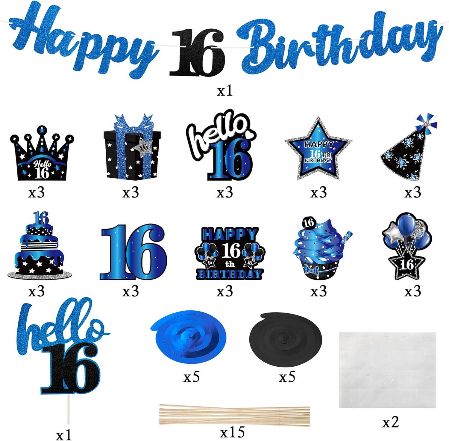 JAPBOR 42pcs 16th Birthday Party Decoration, Happy Glitter Blue and Black Banner for Teens Girls Boys, Deep Blue Hanging Swirls Cake Topper Centerpieces, Cheer to 16 Years Old Bday Decor