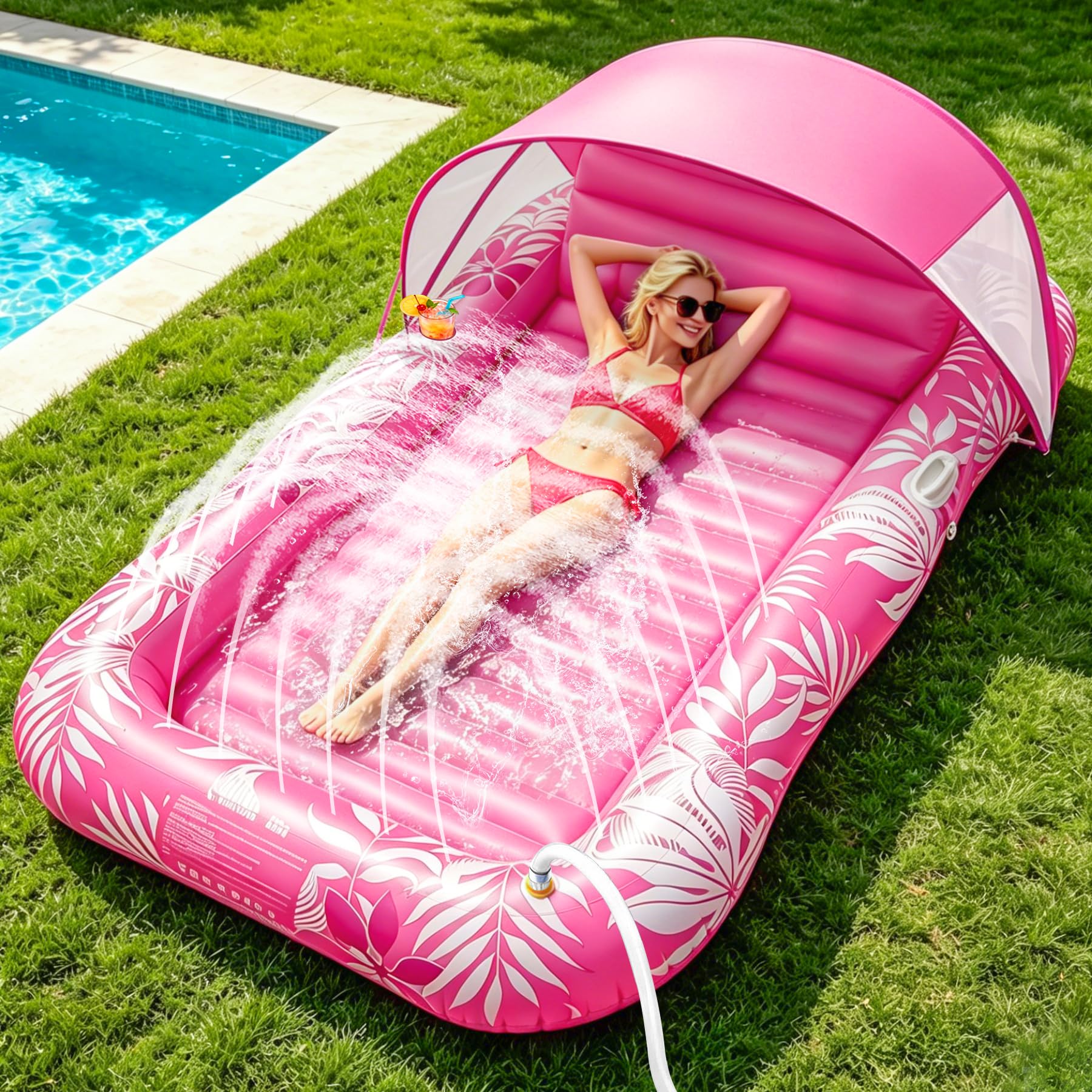 Photo 1 of SUNNINO Inflatable Tanning Pool Lounger Float with Sprinkler & UV Protection Canopy, 77"x48" Extra Large Pool Floats Adult with Pillow, Cup Holder, Sunbathing Lounge Bed for Pool Beach Backyard (Pink)