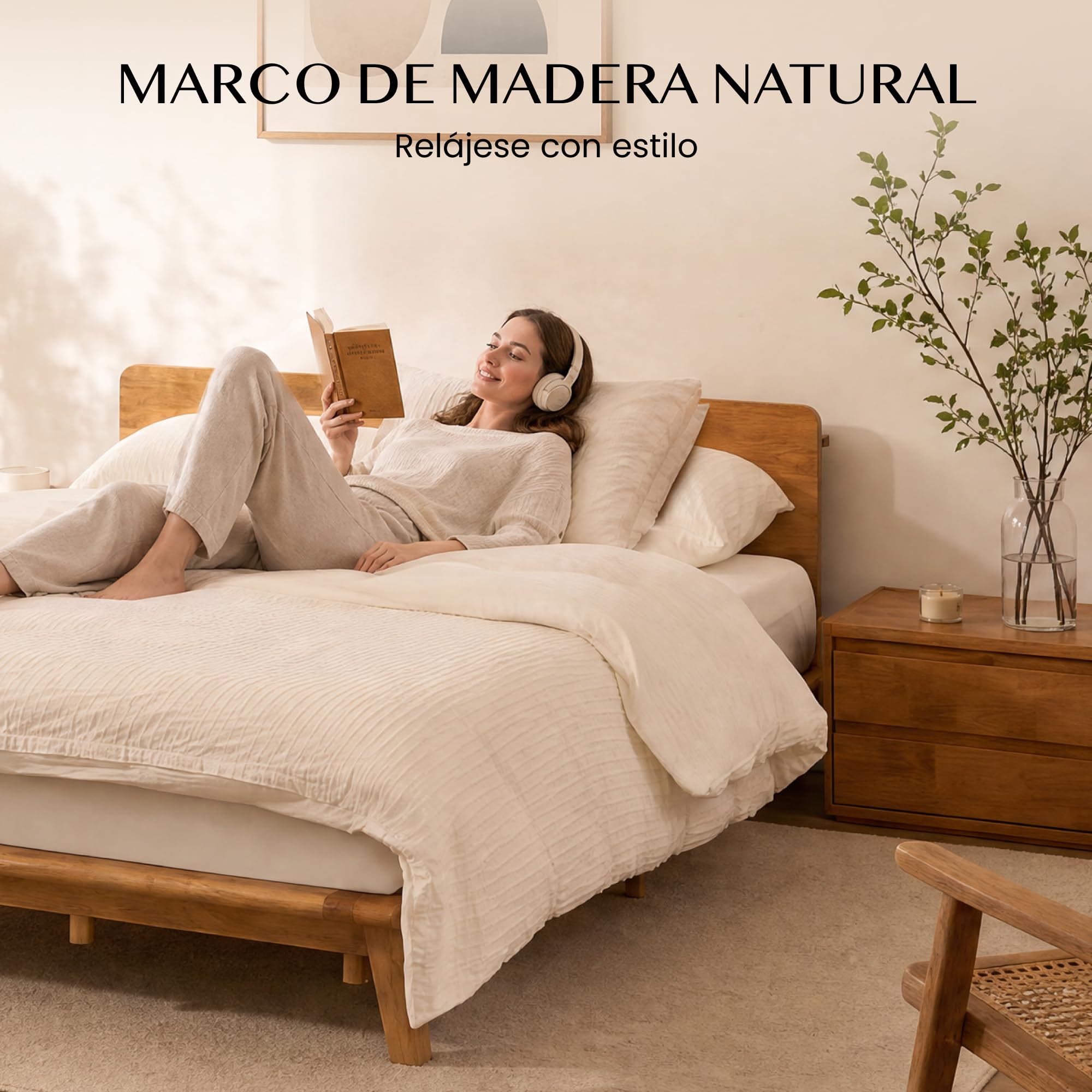 FLEXISPOT Cama de Madera Maciza 160x200 cm, Cama Doble de Madera de Caucho Natural, Sin Formaldehído, Montaje Sin Herramientas, Cabecero con Estante, Diseño Japandi, Cama Matrimonio Hako G1