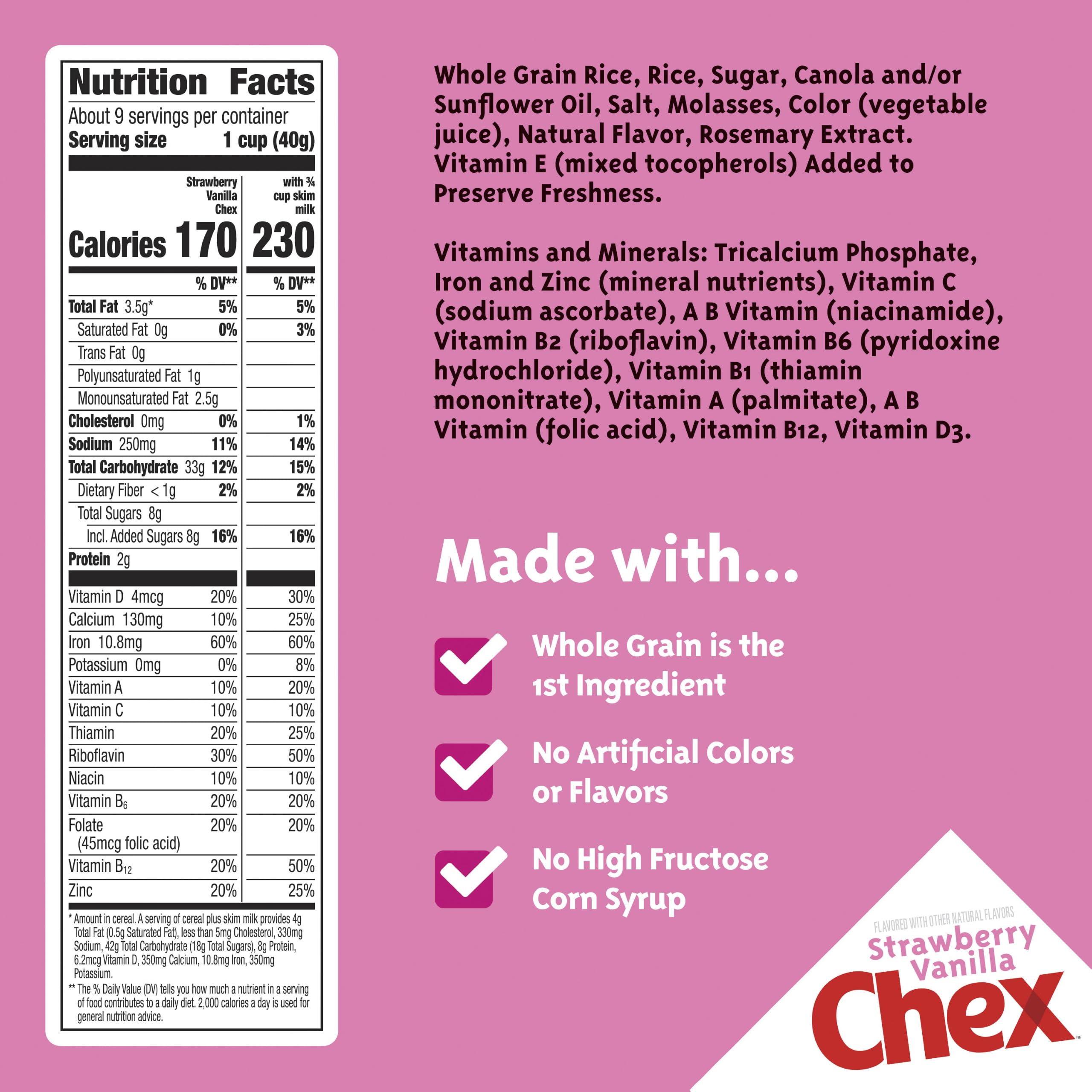 Chex Cereal, queso de fresa y vainilla, cereal sin gluten, hecho de granos enteros, 350 ml