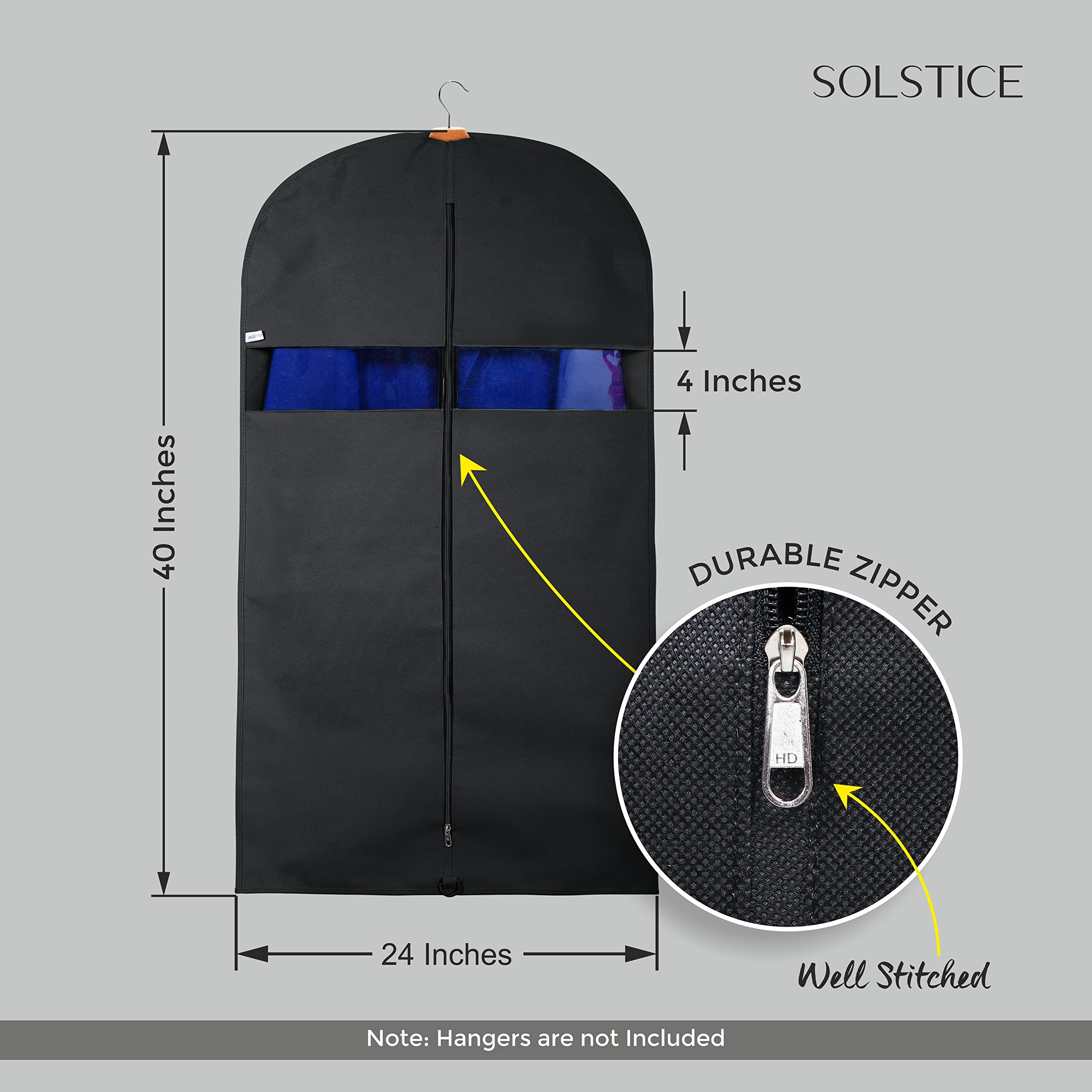 SOLSTICE Suit Cover Big Size with Zip of (40 x 24 inch) | Suit, Coat, Blazer, Jacket Cover (Pack of 5)(Black), Non Woven