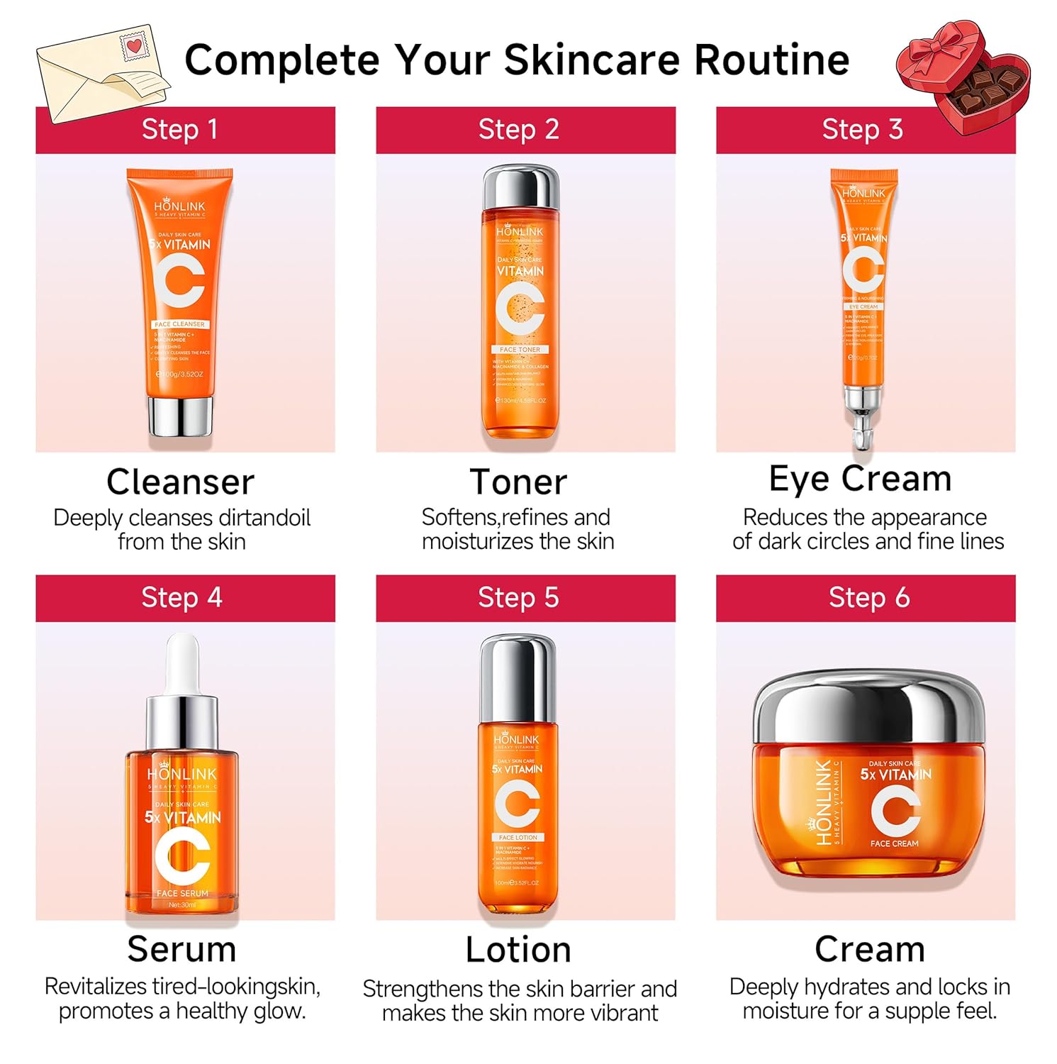 Glown 6-Piece Hydrating Skincare Set with Vitamin C & Niacinamide,Complete Face & Body Care Kit with Cleanser,Toner,Serum,Moisturizer,Eye Cream & Body Lotion | Valentine’s Day Skincare Gift for Women - Image 7