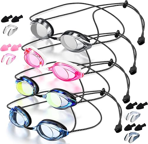 4 pares de gafas de natación para niños y adultos  Correa elástica de verano antivaho y fugas, gafas unisex de ajuste rápido con clips para la nariz