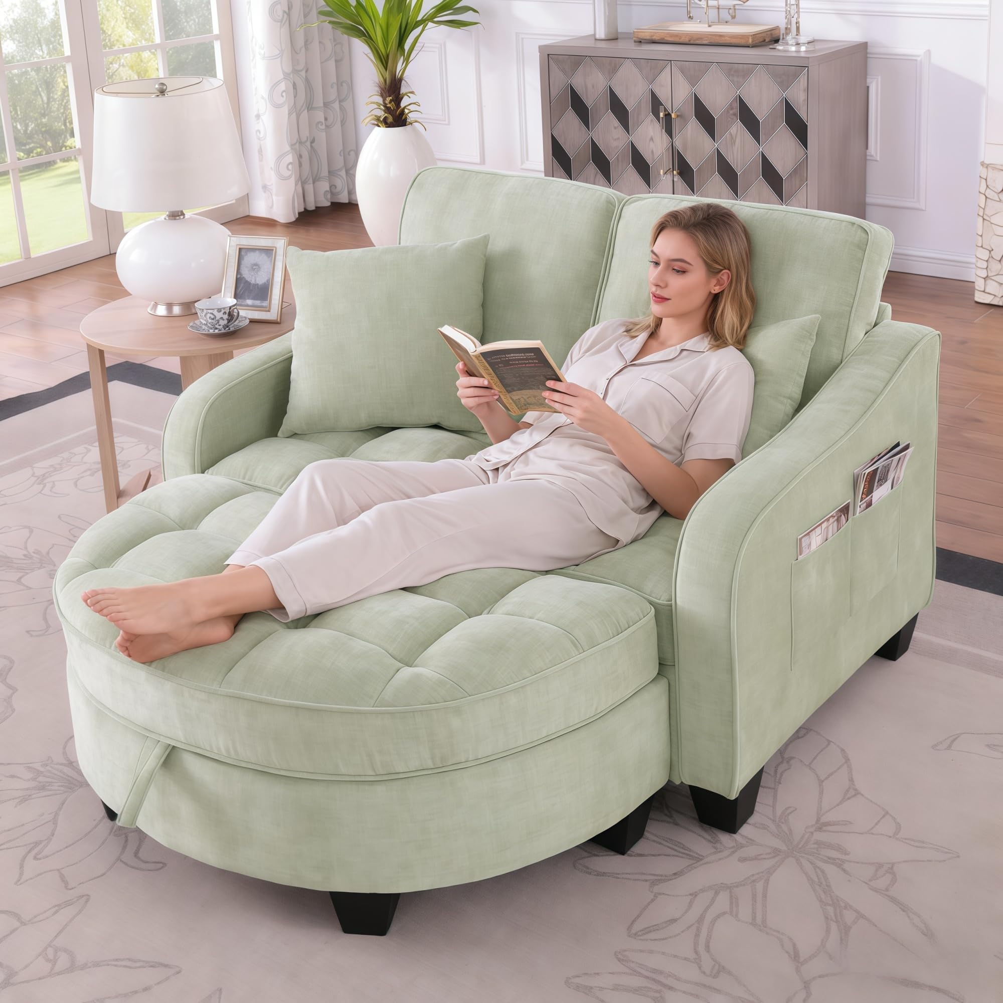 Sofa mit mit Aufbewahrungs-Hocker, Schlafsofa mit Verstellbarer Rückenlehne und Kissen, Klein Sofa, für kleine Wohnzimmer,Studienzimmer,Schlafzimmer,Grün