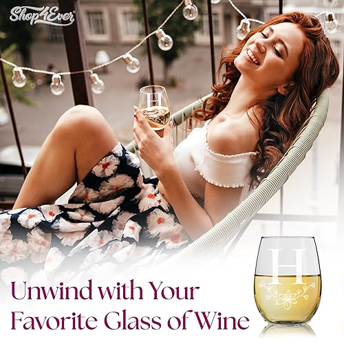 Miniatura 48 de Copa de vino con monograma floral grabada con letra inicial sin tallo, 15 onzas, regalo personalizado con monograma personalizado (A)