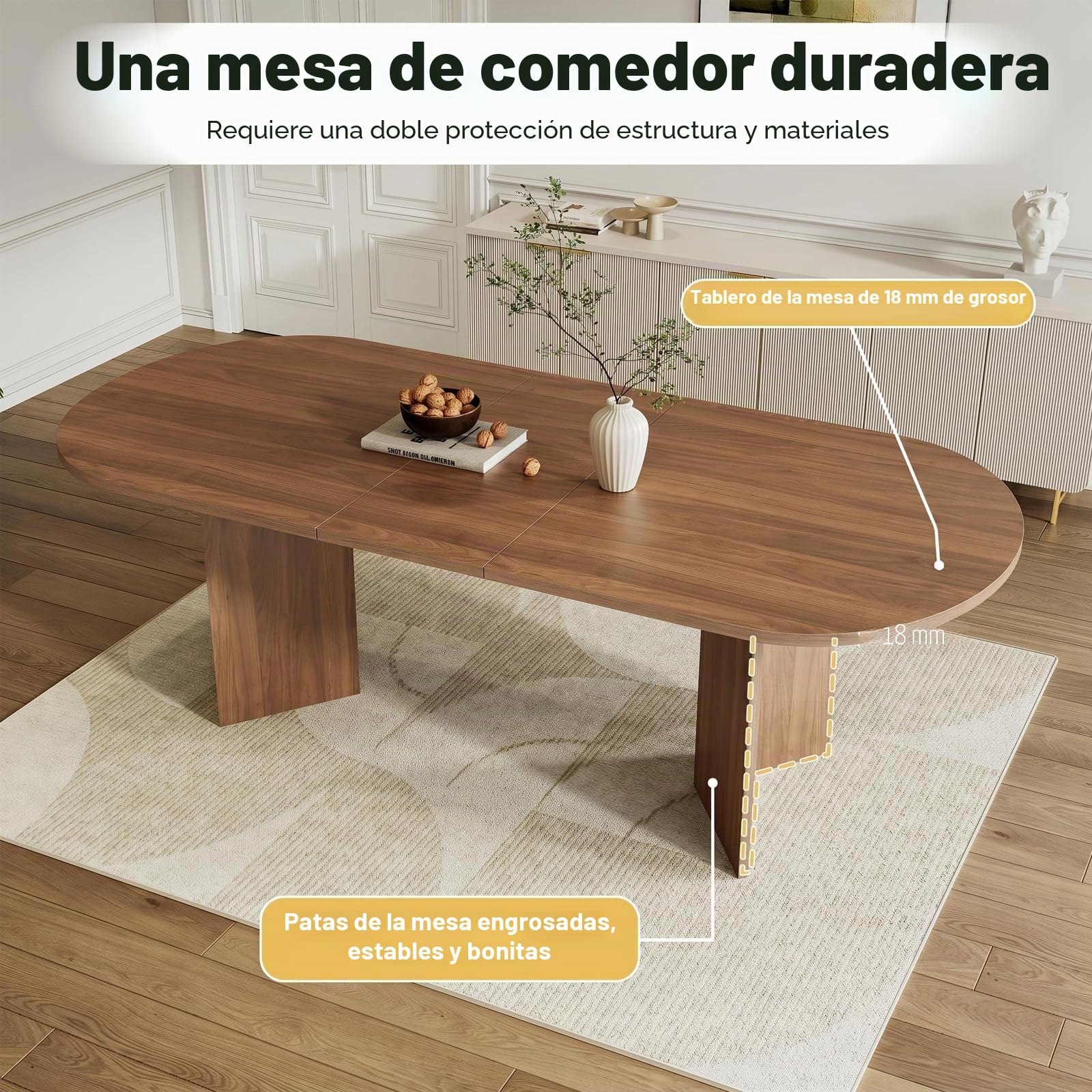 Mesa de Comedor Extensible Ovalada, 160/200 x 90 cm, Mesa de Comedor de Estilo Simple, Mesa de Cocina para 6-8 Personas, Tapa Gruesa, Esquinas Redondeadas, Color Nogal
