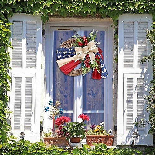 Miniatura 7 de Corona del 4 de julio para puerta delantera, decoraciones del 4 de julio para el hogar, coronas patrióticas con bandera estadounidense para el Día