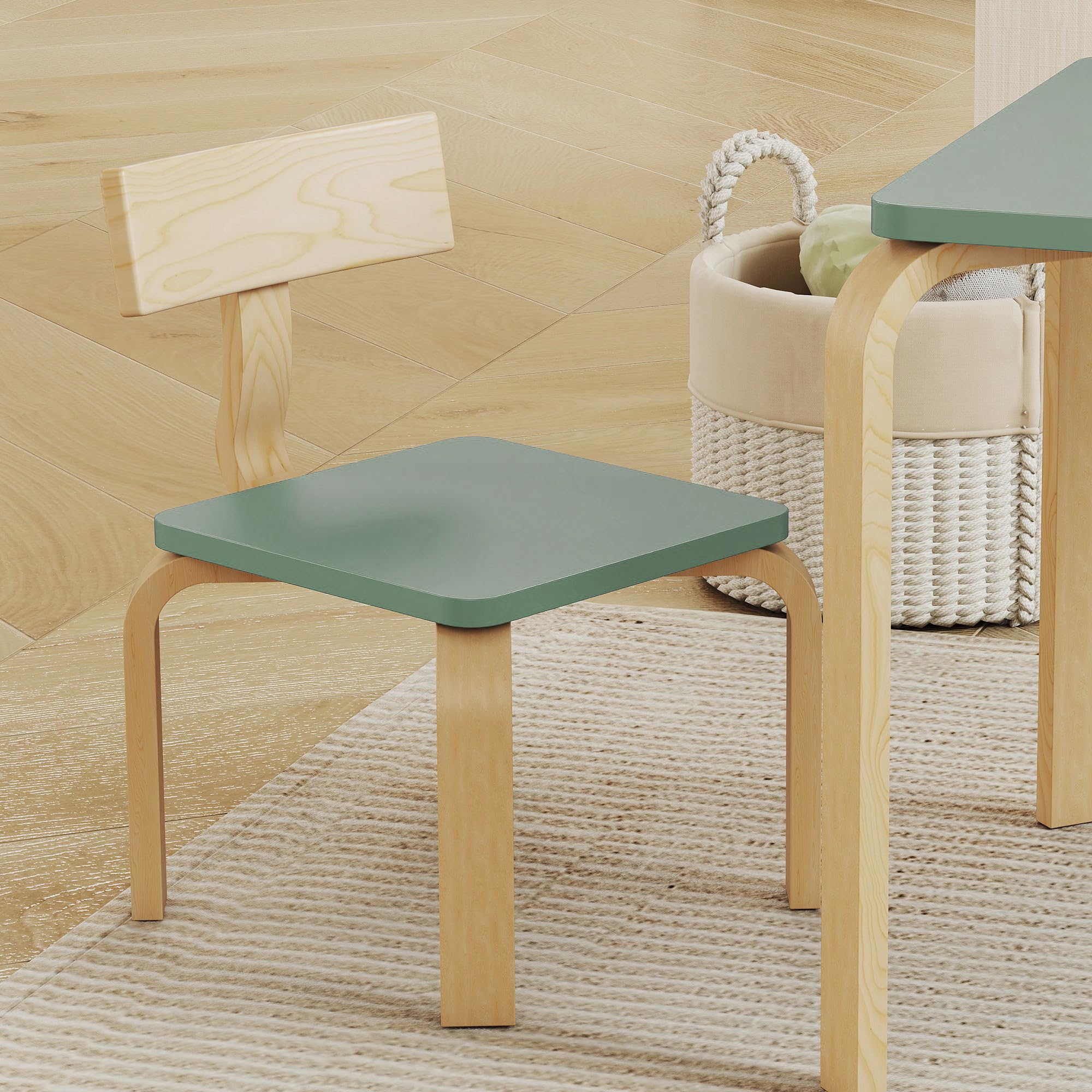 AIYAPLAY Table Enfant avec Chaise, Ensemble Table et 2 Chaises en Bois pour Dessiner, Jouer, Étudier, 3-8 Ans, Vert