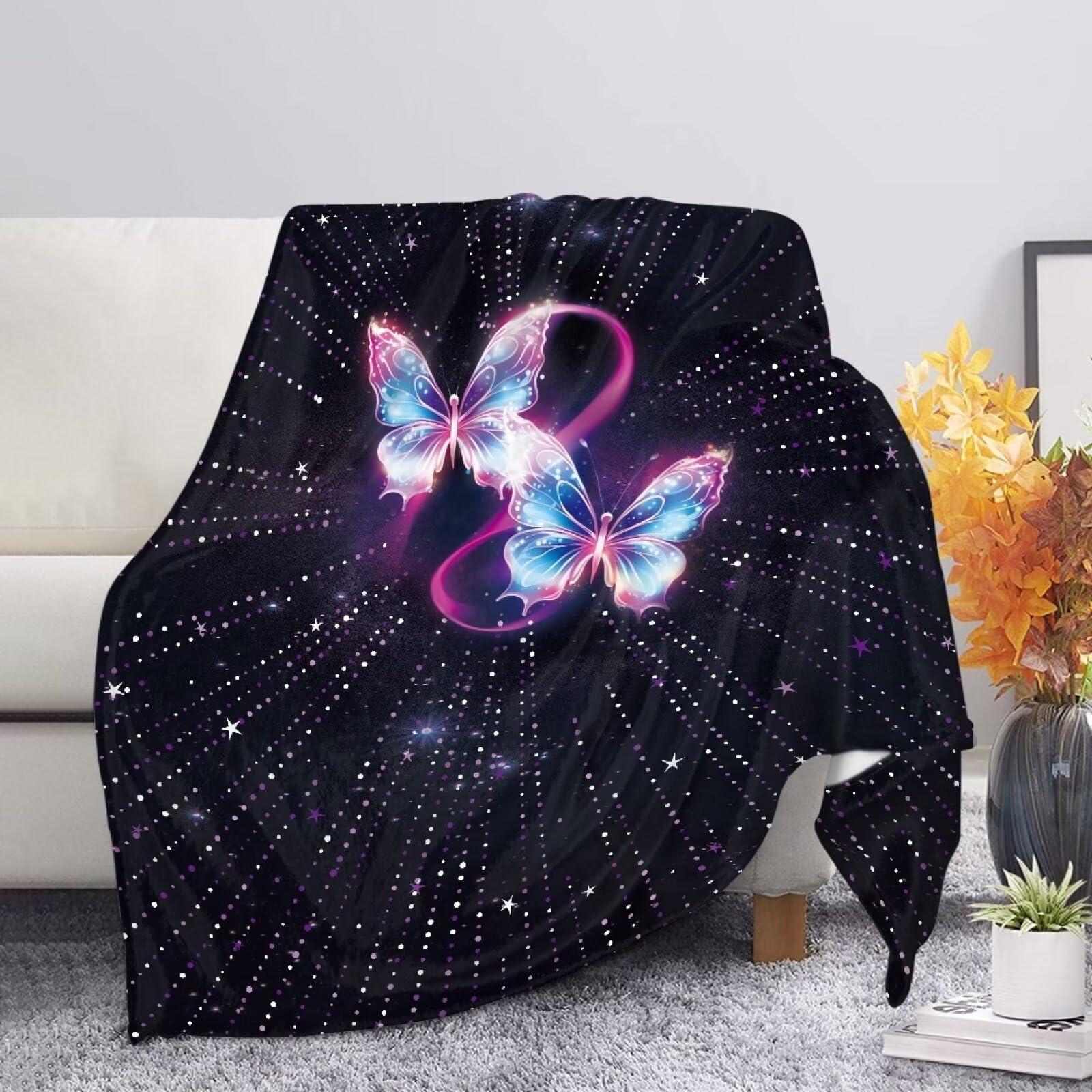 Allcute Dreamlike Butterfly Throw Blanket for Couch Sofa Throws Fluffy Soft Winter Fall Blanket Home Decor Living Room Small Black Throw Blankets