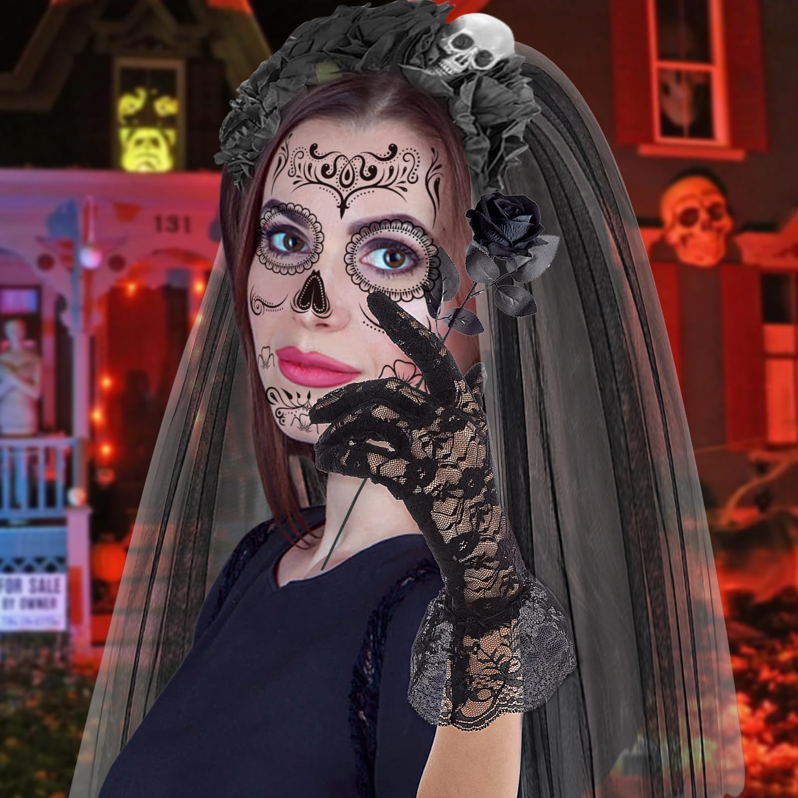 Costume di Halloween da donna, Dia De Los Muertos, cerchietto per capelli con velo, giorno del costume morto, per Halloween, per carnevale