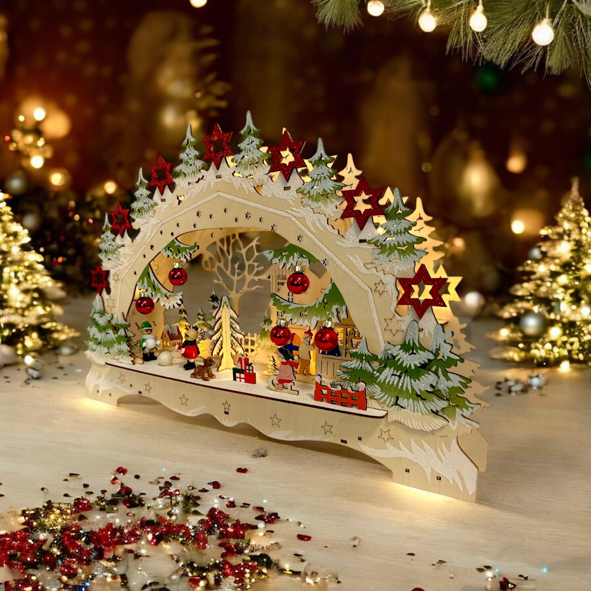 Wichtelstube-Kollektion LED Schwibbogen Weihnachtsmarkt Lichterbogen Weihnachten beidseitig bemalt Schwippbogen Echtholz batteriebetrieben mit integrierten Timer 45cm