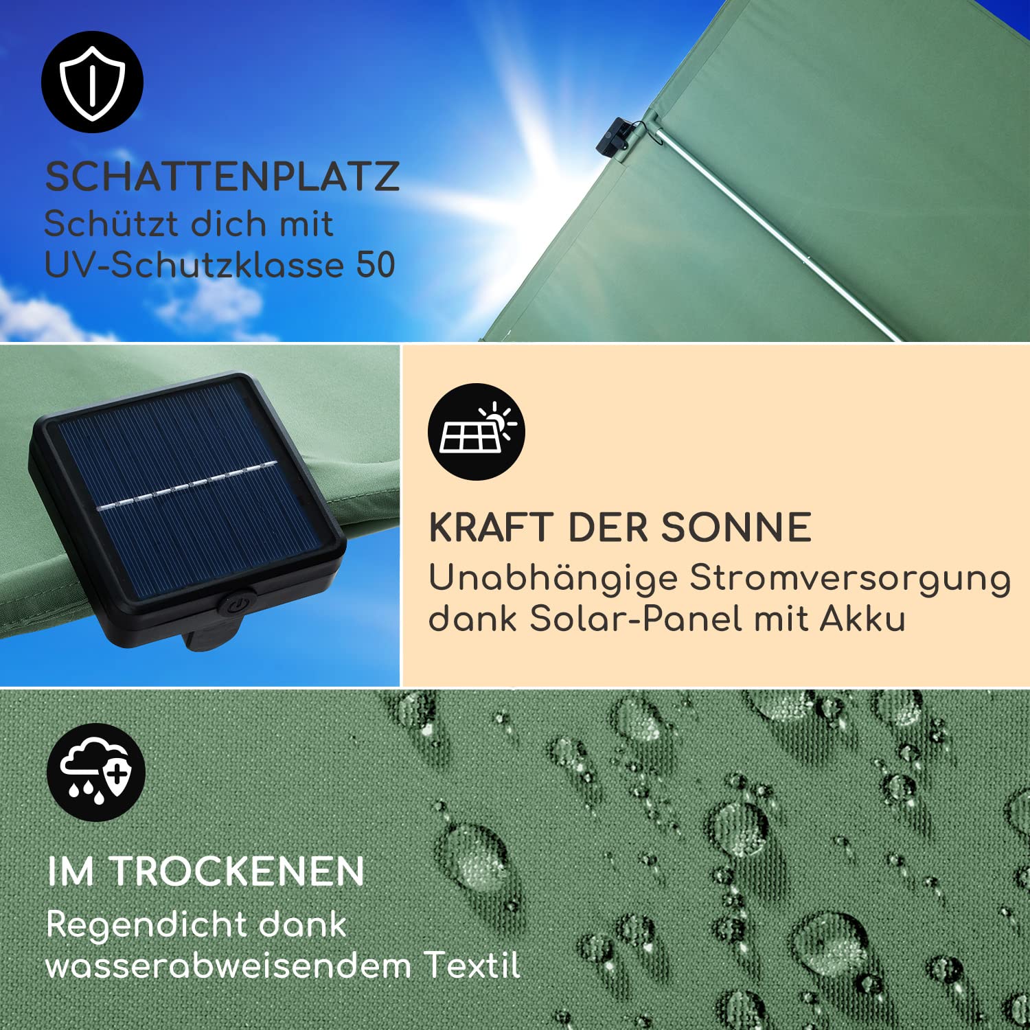 blumfeldt Sonnenschirm für Balkon Rechteckig, Sonnenschirm mit LED Beleuchtung, Wasserdicht & UV-Schutz, Balkon Sonnenschirm für Terrasse & Garten, Höhenverstellbarer Balkon Schirm Sonnenschutz