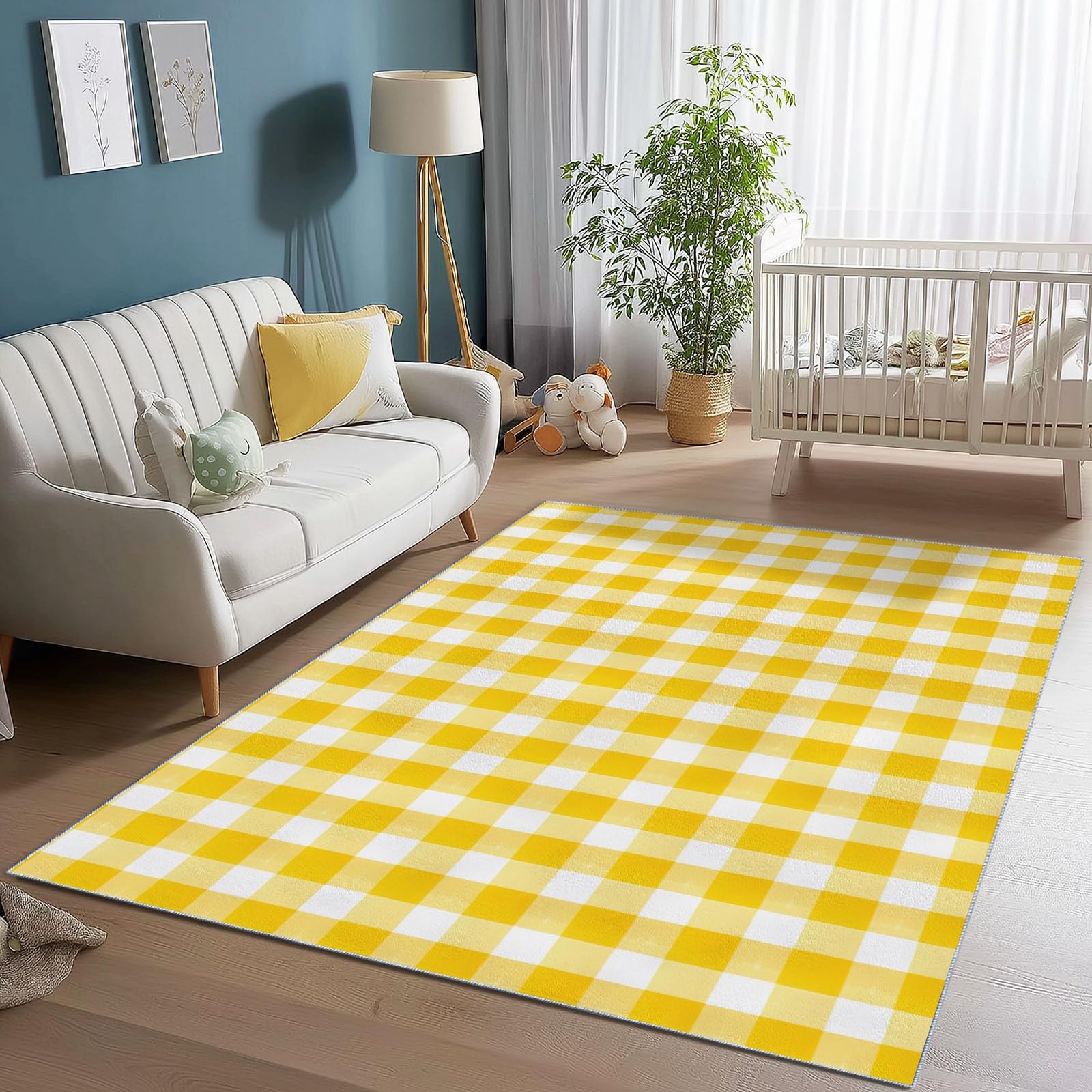 Dywaniki można prać w pralce do salonu 120 x 180 cm - miękkie pluszowe dywaniki do sypialni, dywan kuchenny antypoślizgowy geometryczne linie siatka minimalistyczny design, żółty flanelowy dywan z