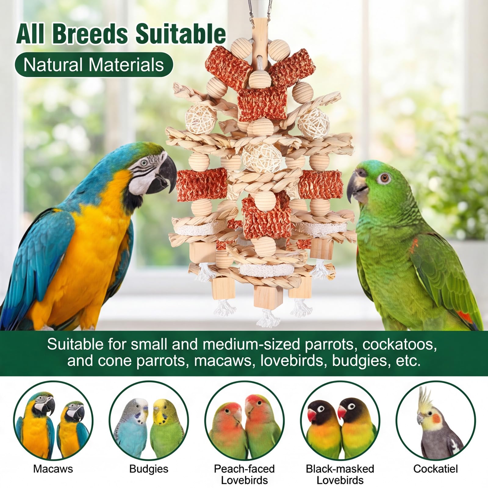 Giochi per Pappagalli in Legno Naturale, Giochi Pappagalli da Masticare con Blocchi di Legno Naturali Appesi per Small Medium parrocchetti Lovebirds fringuelli