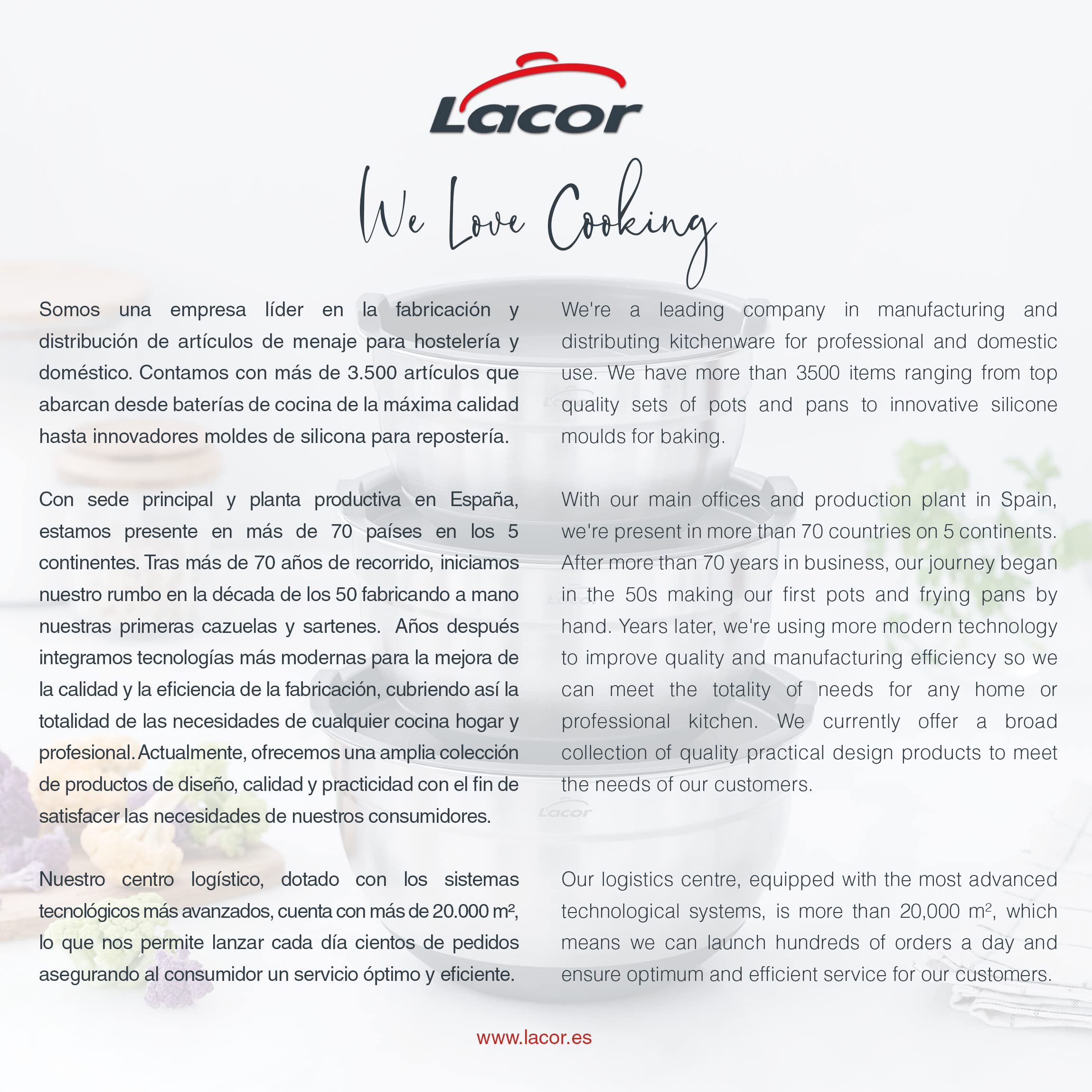 LACOR Set di 3 Ciotole in Acciaio Inox, Ciotole, Insalatiere, Contenitori per Alimenti, Include Coperchi, Impilabili, Dimensioni, 20 cm, 3 L, 22 cm, 3.8 L e 24 cm, 4,8 L, 60051