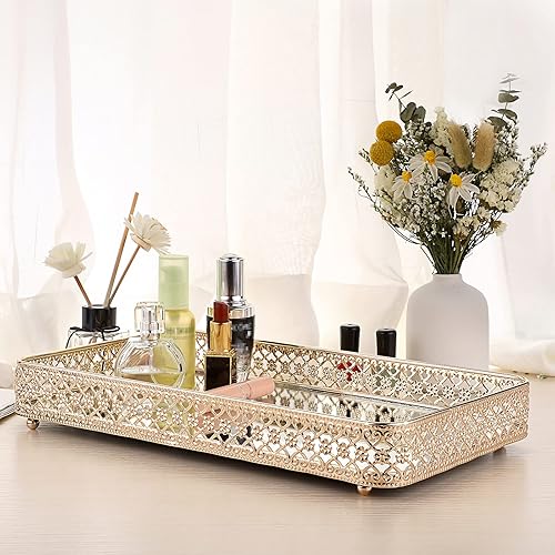 Miniatura 3 de ELLDOO Bandeja de perfume dorada bandeja de espejo bandeja de tocador de maquillaje, bandeja de joyería tallada hueca, bandeja de almacenamiento de