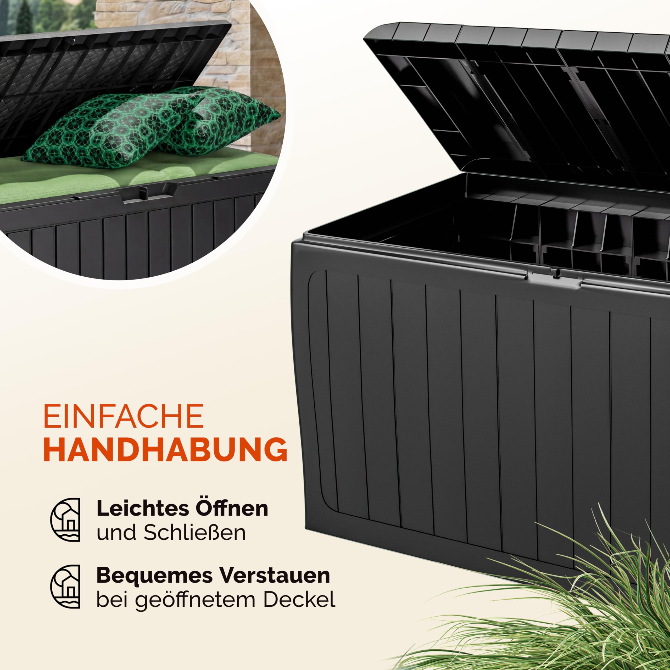 Deuba® Gartenbox Auflagenbox 270L UV-beständig Haltegriffe Rollen Verschlussvorrichtung Balkon Wohnzimmer Wintergarten Kissenbox 117x45cm Anthrazit