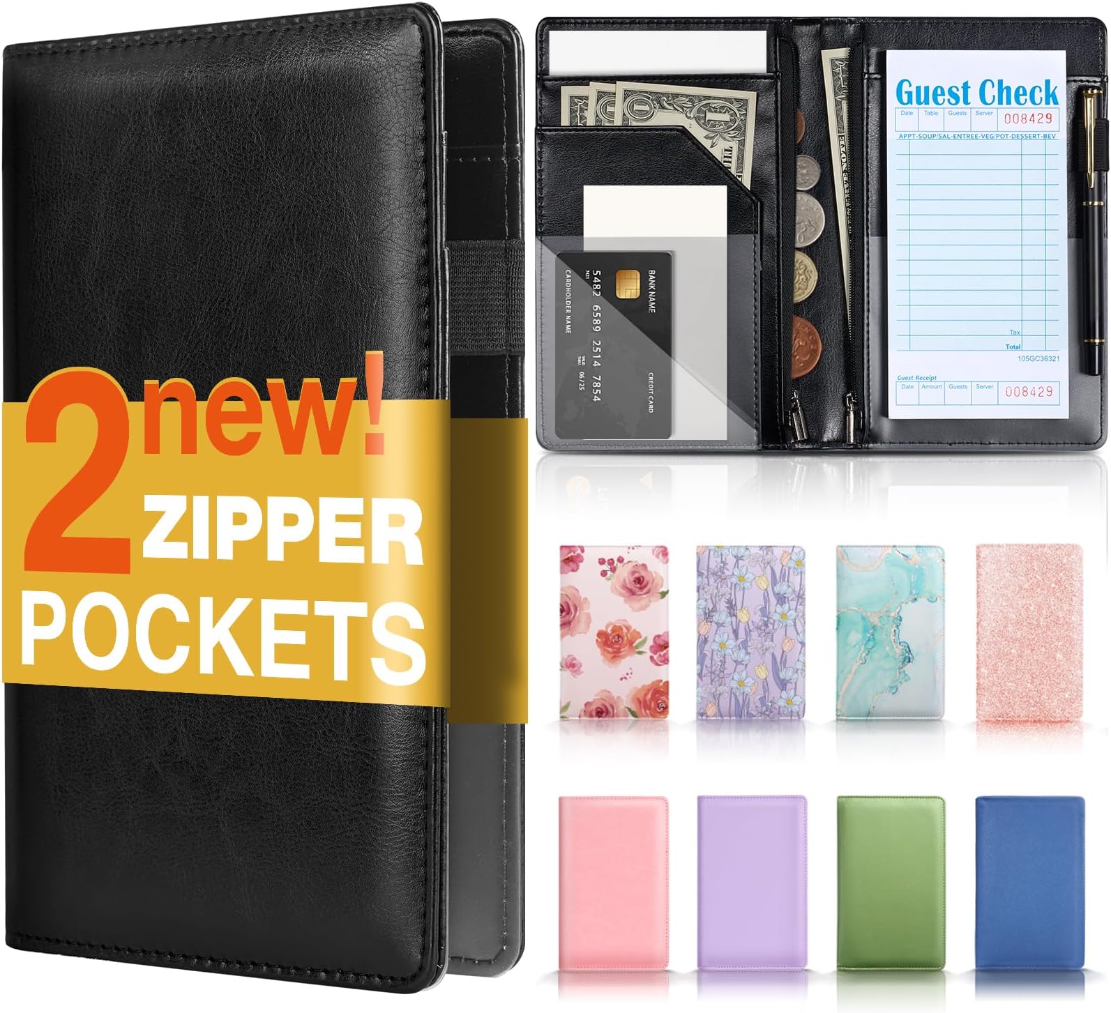 Forvencer Server Book with 2 Zipper Pockets, Leather Server Books for Waitress, Waitress Book, Sturdy Waitress Book with Money Pocket and Zipper, Server Book, Free