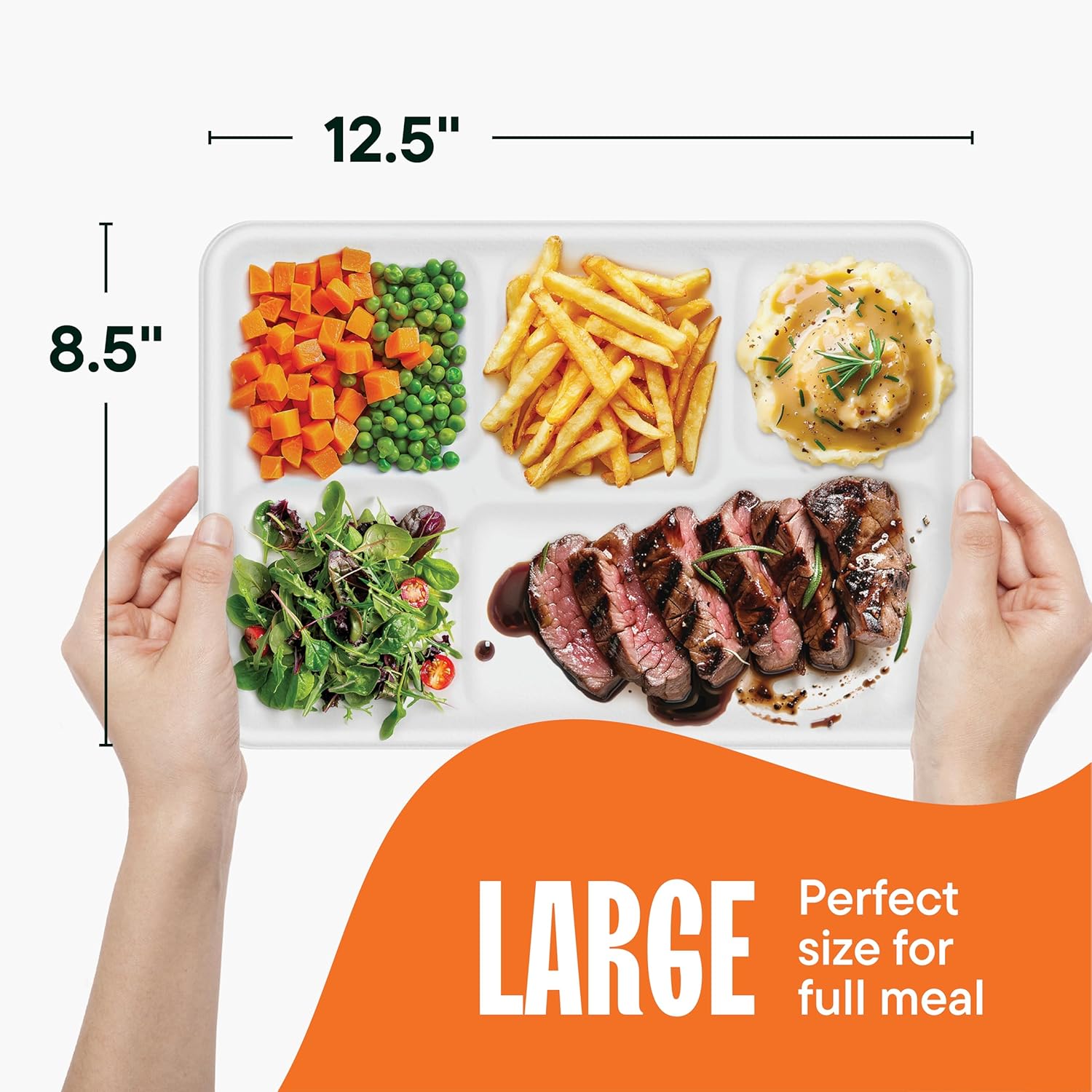 100% Compostable, Large 5 Compartment, Disposable Tray [100-Pack] - [12.5 Inch] Heavy Duty Biodegradable Bagasse Sectional Lunch Trays + Dividers - Divided Platter - (PFAS Free) (BPA Certified) - Image 3