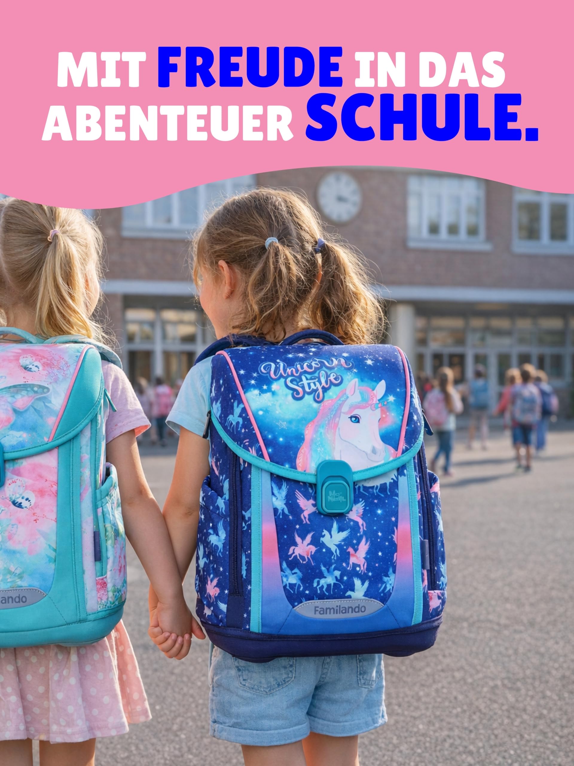 Familando - Premium Schulranzen Set - 6-teilig mit Sporttasche - Unicorn (Einhorn) - Ergonomisch, stabil & mit gepolstertem Rücken - 1000g - 20L Volumen - Mit Reflektoren - ab 1. Klasse