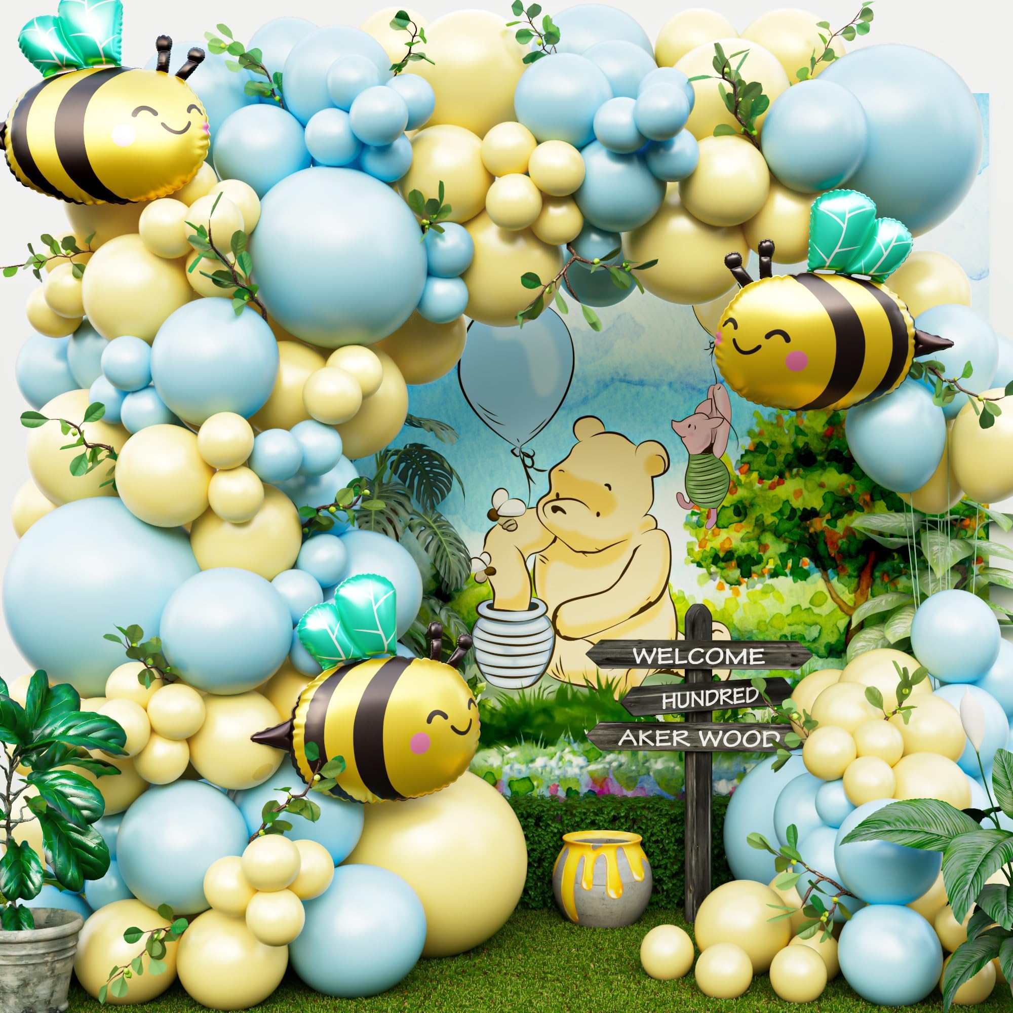 ALL-IN-1 Winnie Balloon Arch Kit with BONUS Bee Balloon for Pooh Baby Shower Decorations - Blue and Yellow balloon for Honeycomb Bear birthday Decorations & baby shower balloons - Pooh balloons