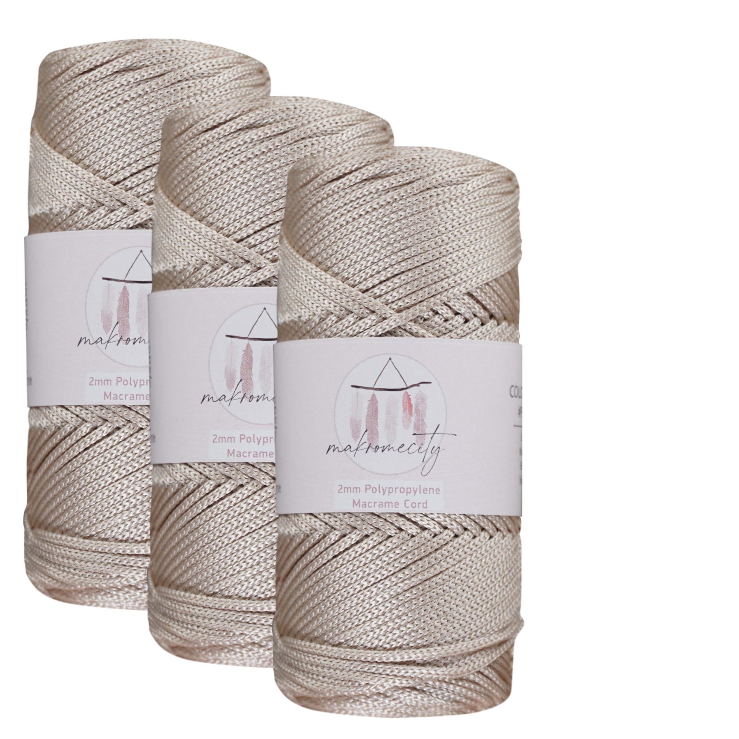 Makromecity, Polyester Macrame Cord 2mm x 375 Yards (1125 feet) 3 skeins of 2mm Polypropylene Latte Macrame Cord Crochet Macrame Bag Cord Crafts for Wall Hangings, Bags, Underplate, Rug