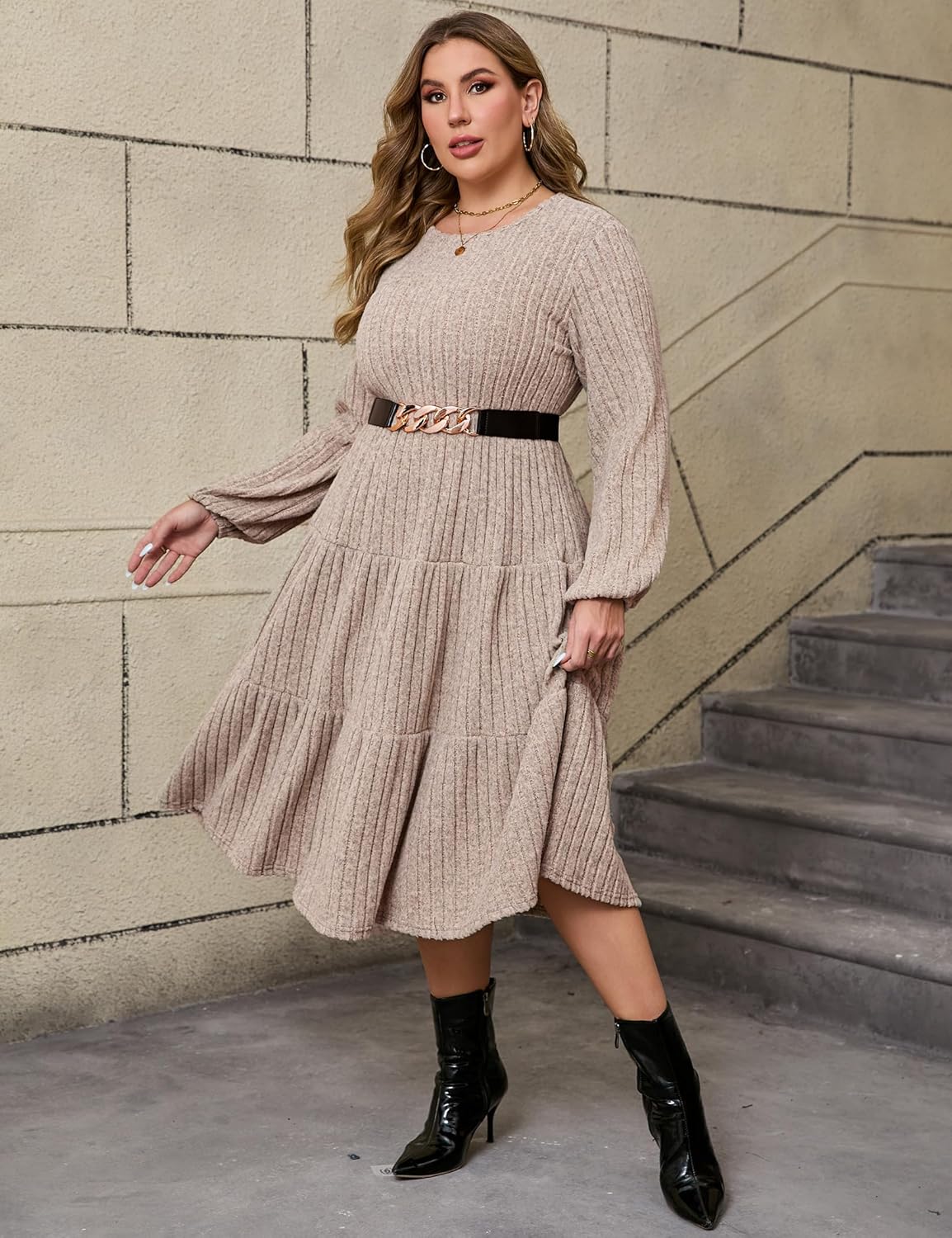 ShopWonder Women Plus Size Knit Sweater Dress Round Neck Long Sleeves Comfy Pullover Winter Midi Dress with Belt - Image 2