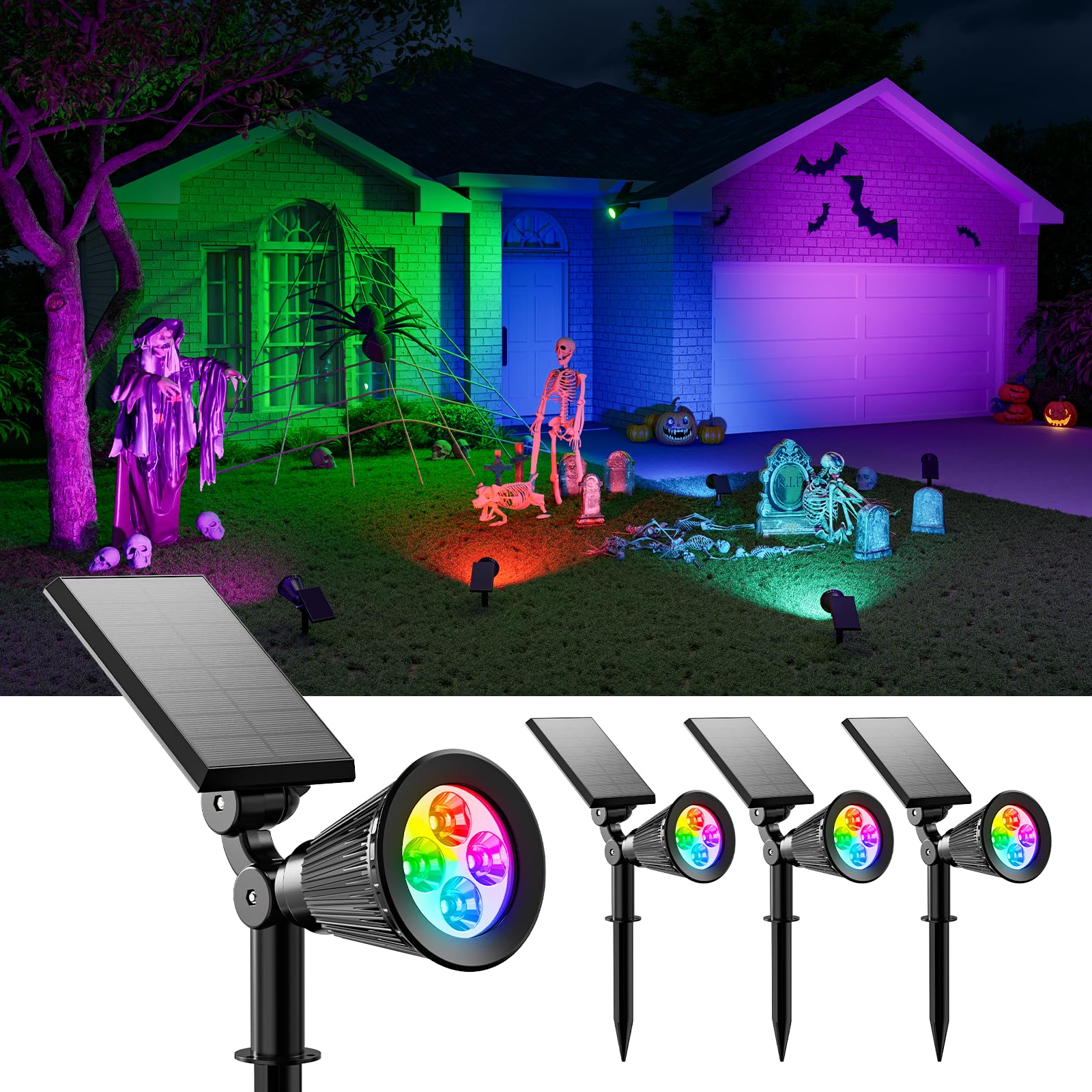 FALOVE 4 Pack Color Change Solar Spotlights Waterproof RGB Halloween Decor