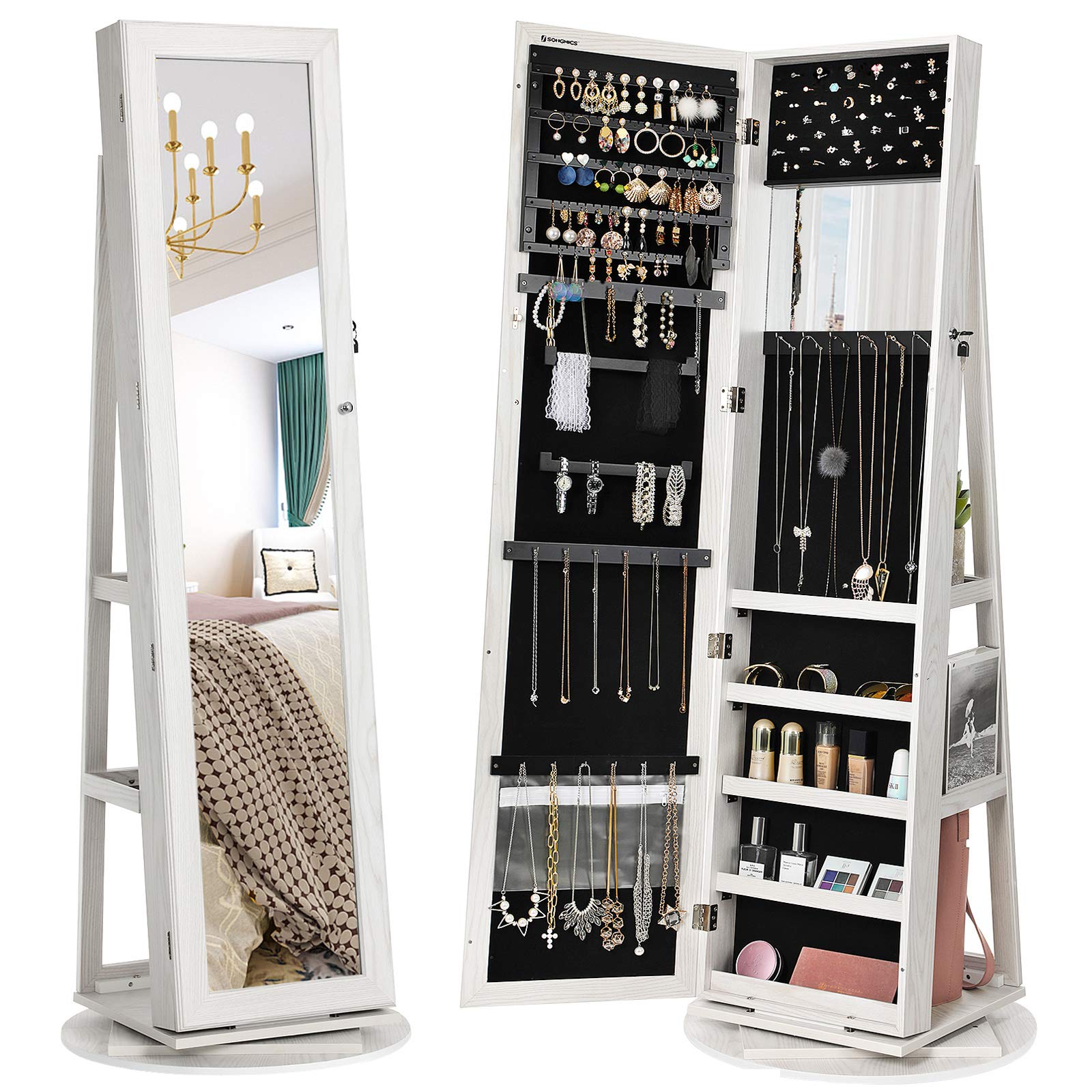 SONGMICS Armadietto Portagioie Girevole a 360° Specchio a Figura Intera, Specchiera Portagioielli con Serratura, Specchietto Interno, Ripiani sul Retro, Bianco con Venature Grigie Chiare JBC62W