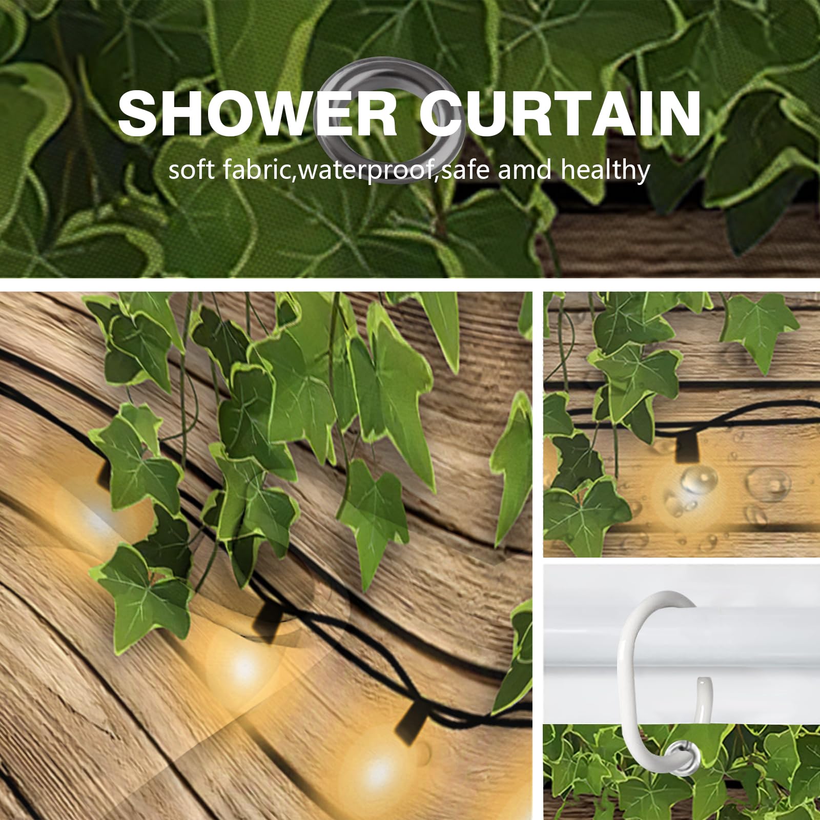 Vintage Wooden Board Door Shower Curtain, Rustic Green Leaves on Farmhouse Country Wood Plank Garden Decoration - Image 3