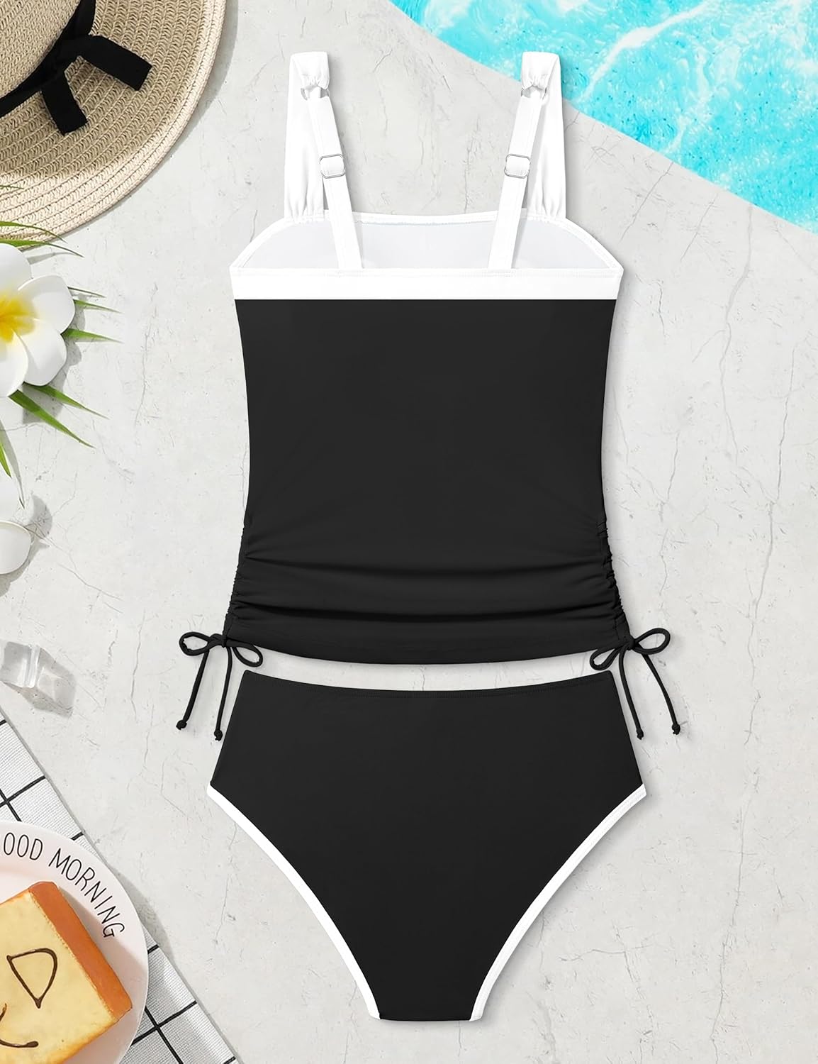 Queenstyle Teen Girls Tankini Swimsuit 2 Piece Bathing Suit Color-Block Drawstring Girls' Swimwear for 9-16 Years - Image 8