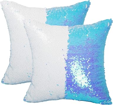 Mermaid Sequin Pillow Cases, White and Blue, 16x16 Inch, Set of 2