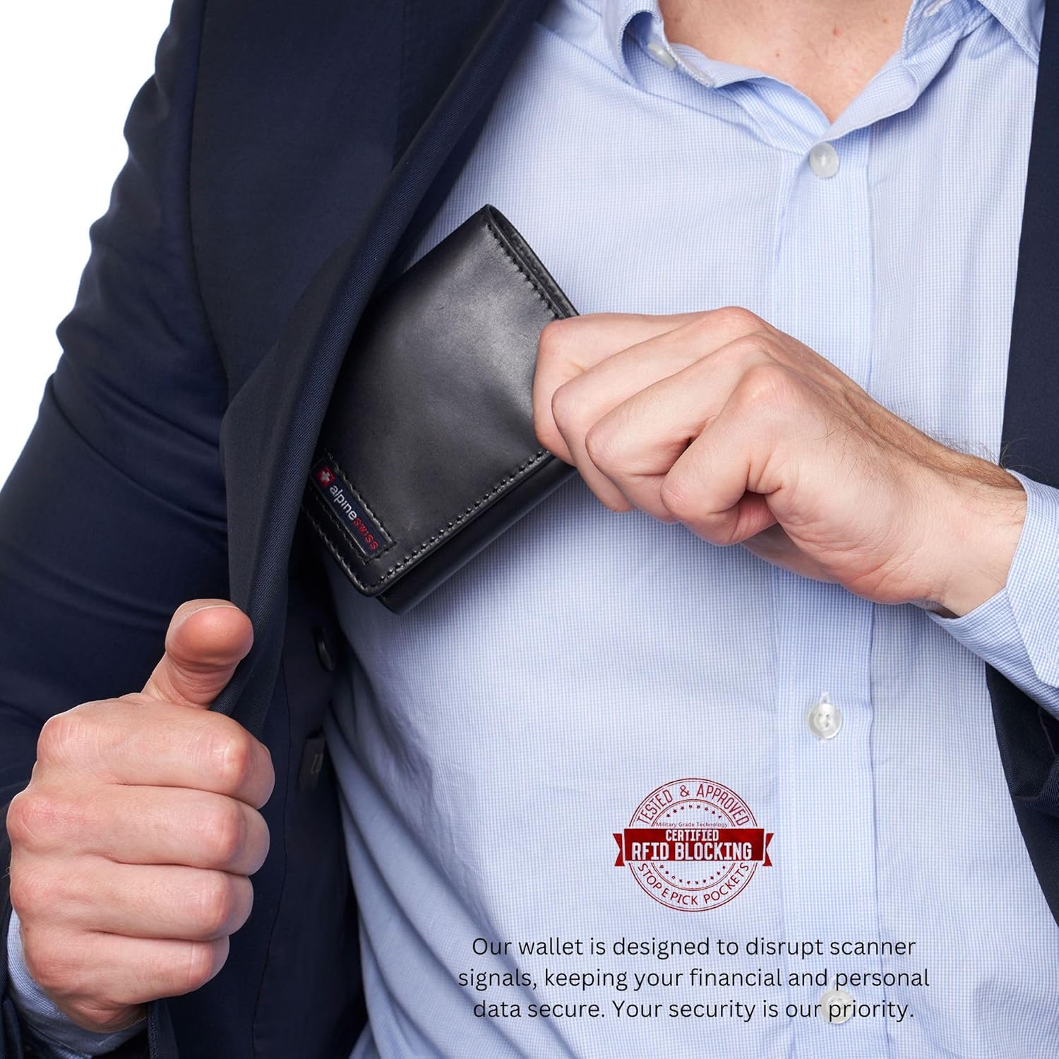 Alpine Swiss Men's Leon RFID Trifold Pocket Wallet – Genuine Leather Wallet for Men, Slim Design with ID Window & Multiple Card Slots, Classic RFID Safe Pocket Wallet in gift box - Image 6