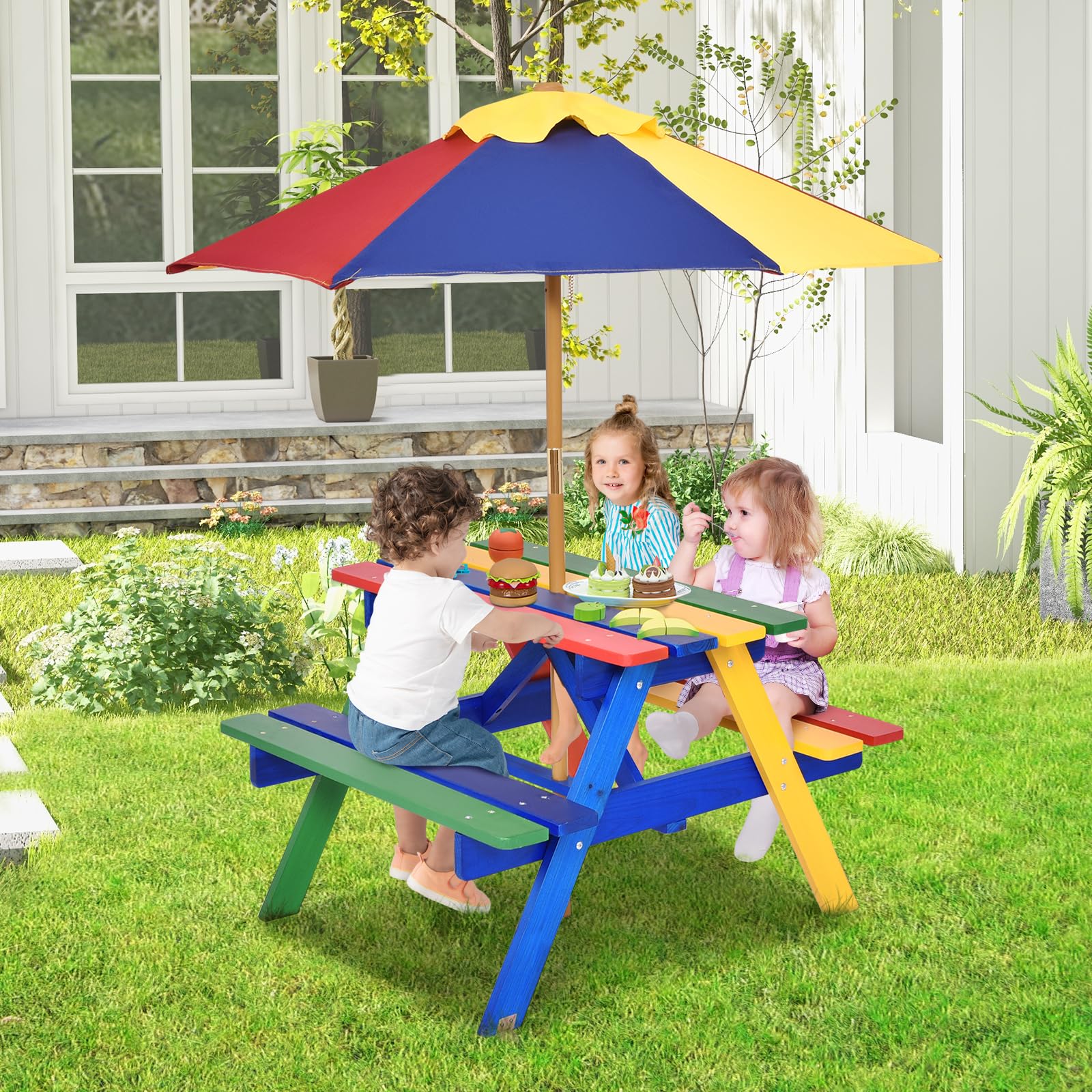 SOARS Table de Pique-Nique pour Enfants avec Parasol Réglable, Table et Bancs en Bois de Sapin pour Enfants avec Parasol, Salon de Jardin et Parc, 140 cm (Multicolore)