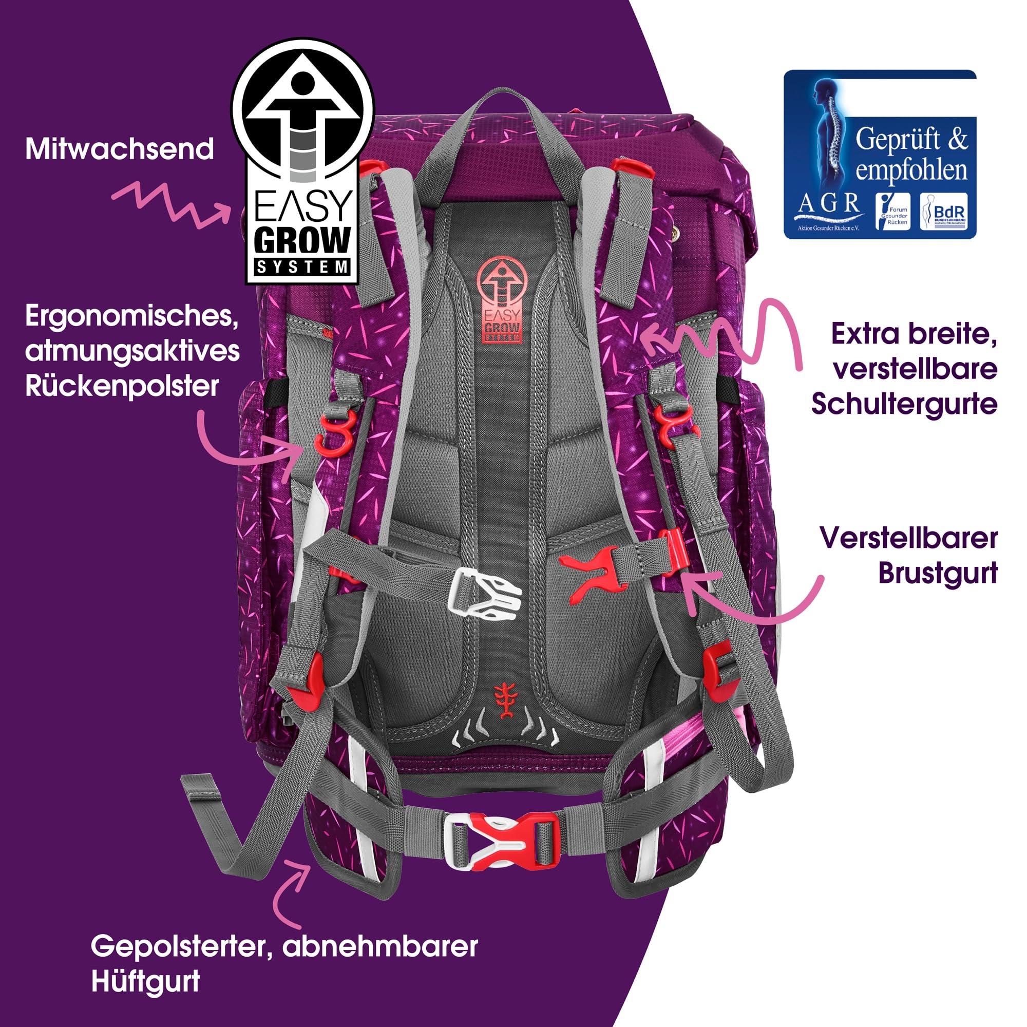 Step by Step Juego de mochila escolar FIT de 5 piezas, macuto ergonómico con reflectores, altura regulable con cinturón de cadera para niños y niñas a partir de 1ª clase, 19 l