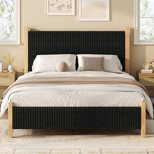 Miniatura 10 de HOMBCK Base de cama Queen con cabecero, base de cama tapizada de pana, cabecera de diseño de canal vertical, no necesita somier, estructura fuerte,