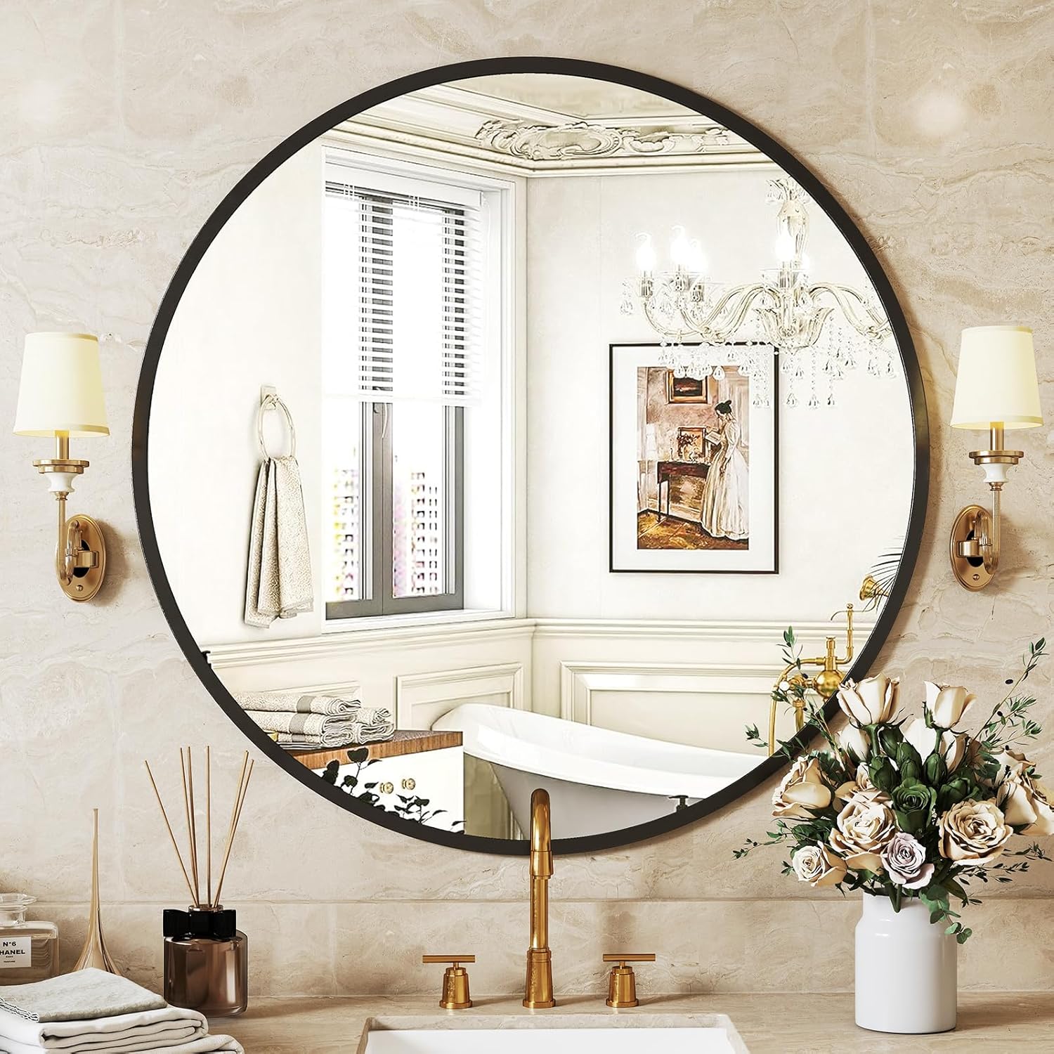 Chic 24-Inch Round Black Wall Mirror for Elegant Spaces